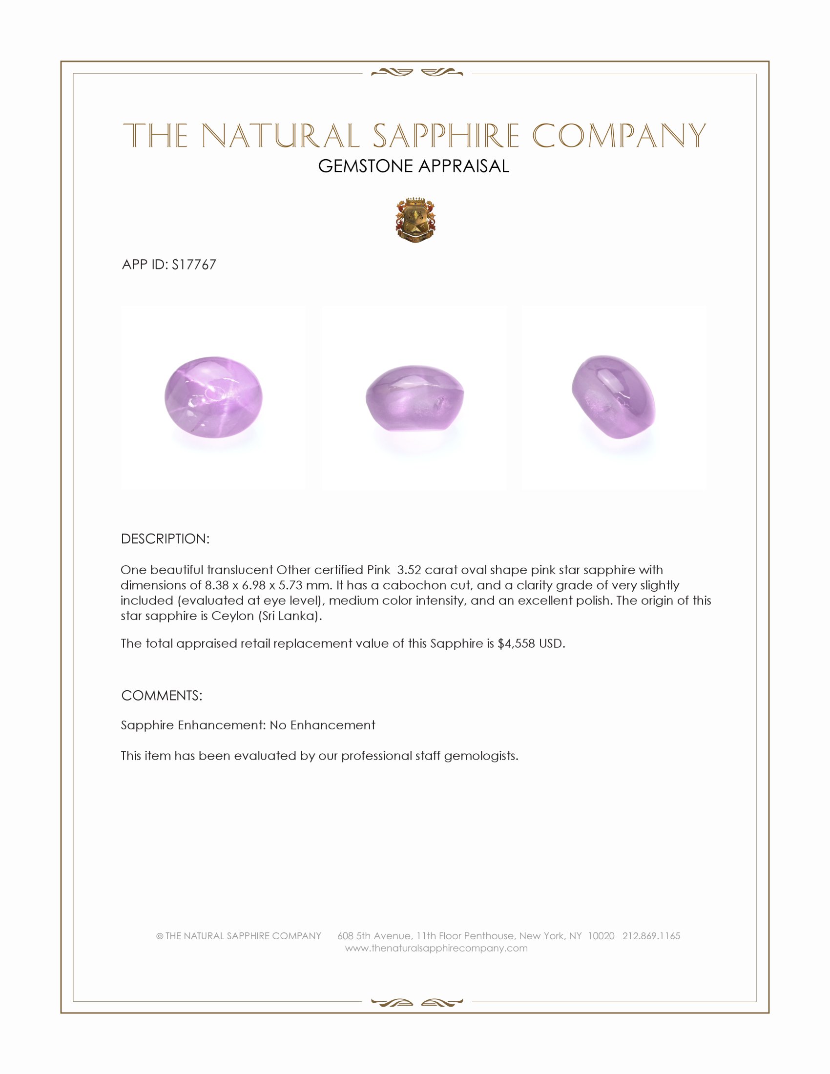 3.52 Ct. Pink Star Sapphire from Ceylon (Sri Lanka)