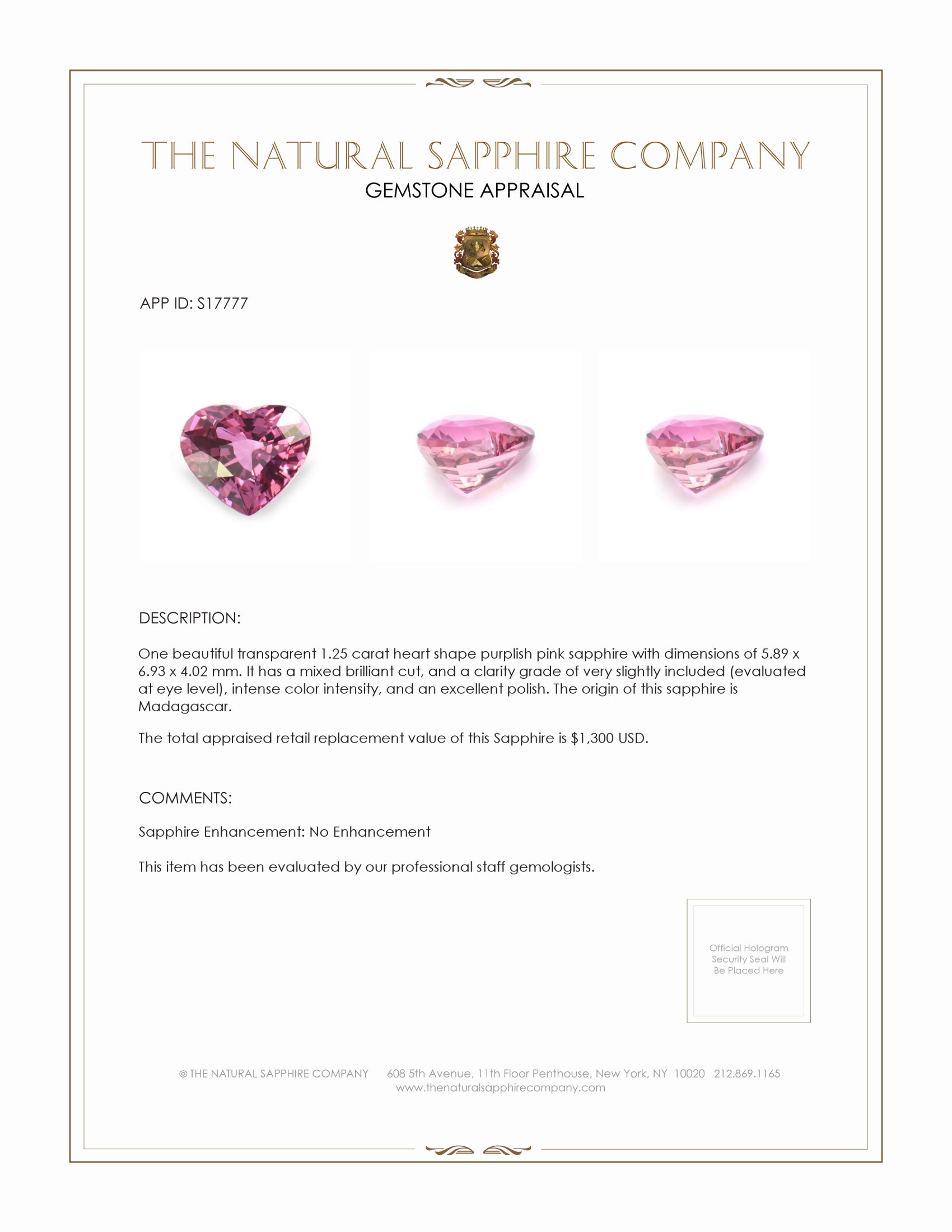 1.25 Ct. Purplish Pink Sapphire from Madagascar