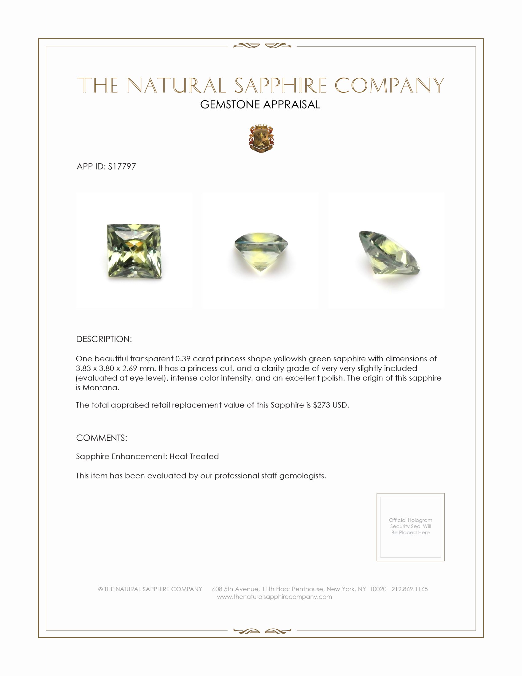 0.39 Ct. Yellowish Green Sapphire from Montana