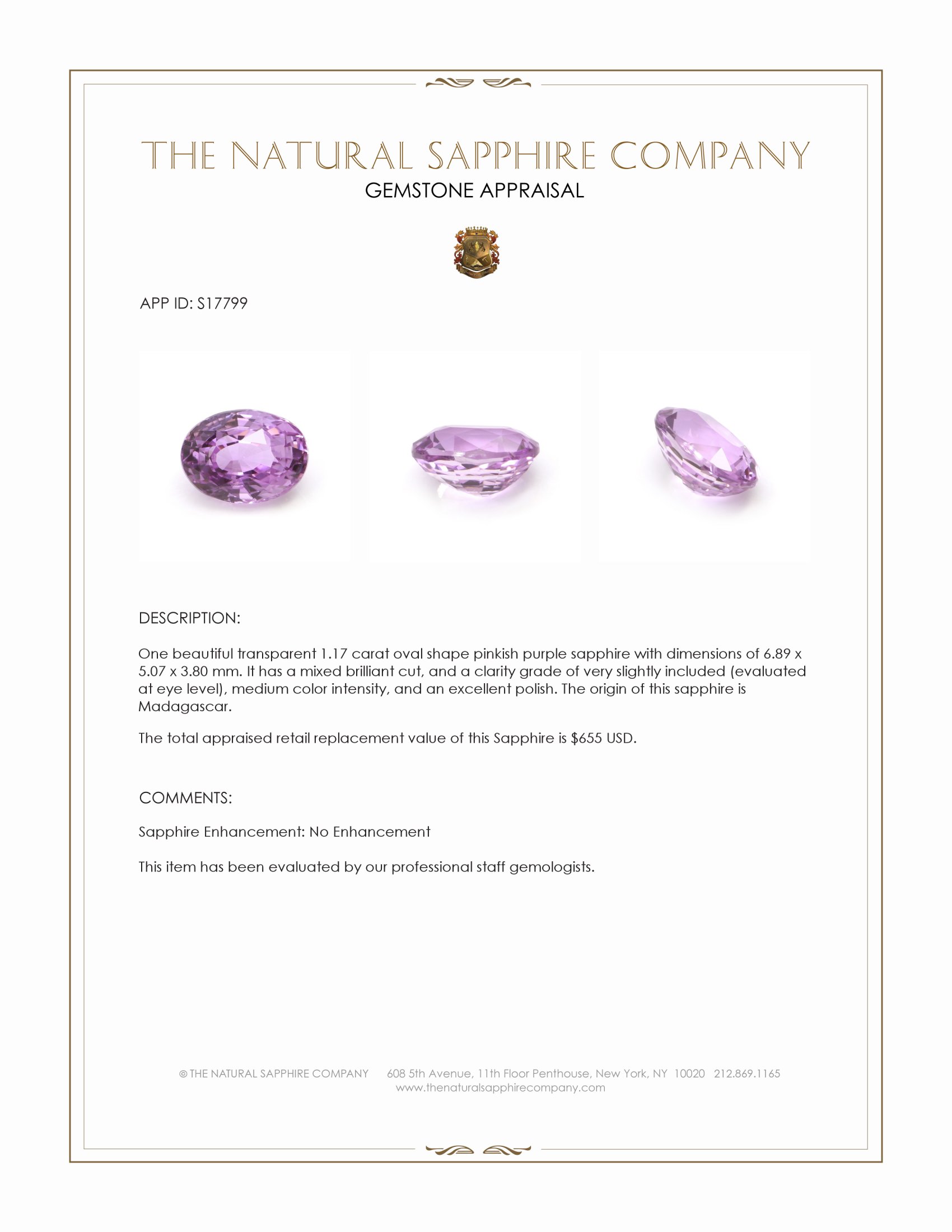 1.17 Ct. Pinkish Purple Sapphire from Madagascar
