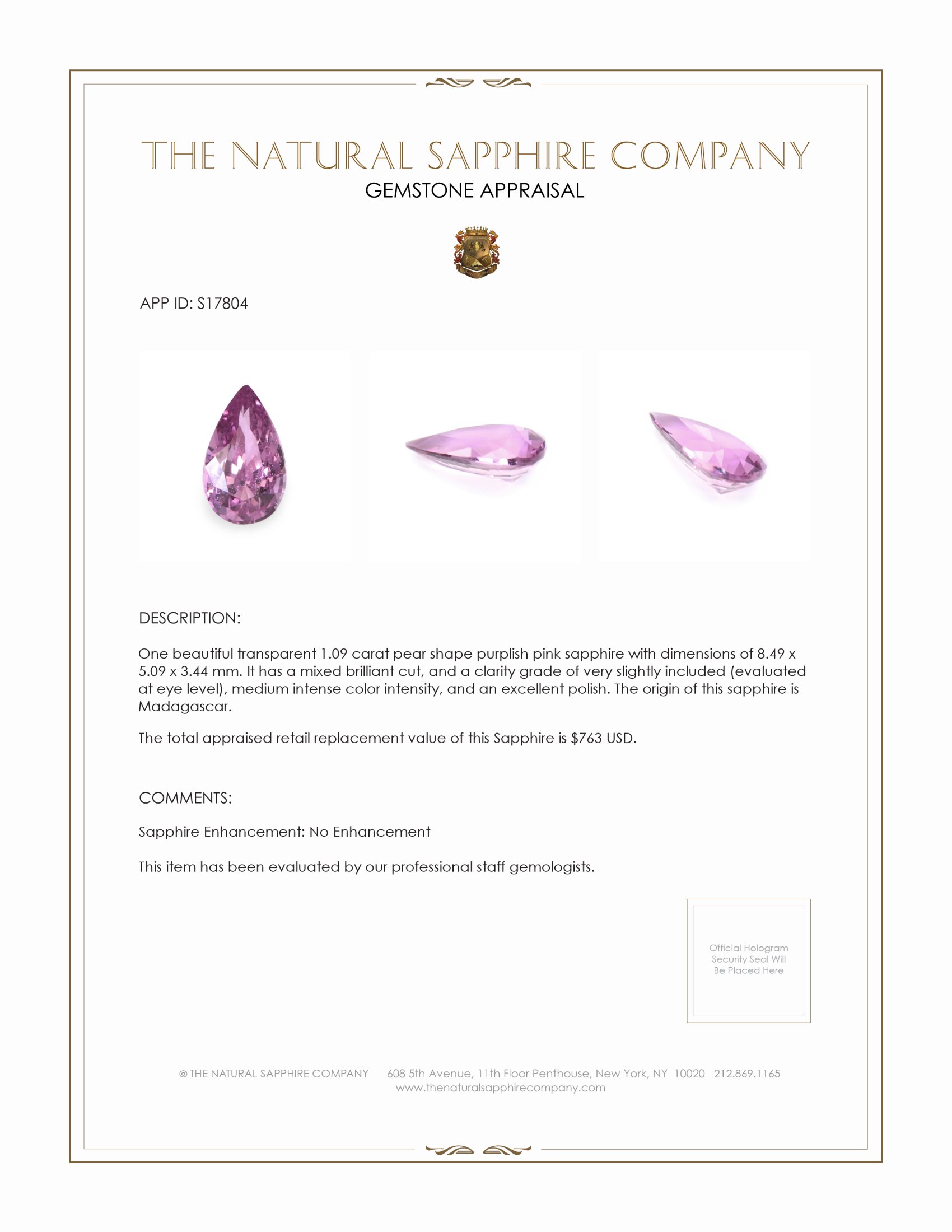 1.09 Ct. Purplish Pink Sapphire from Madagascar