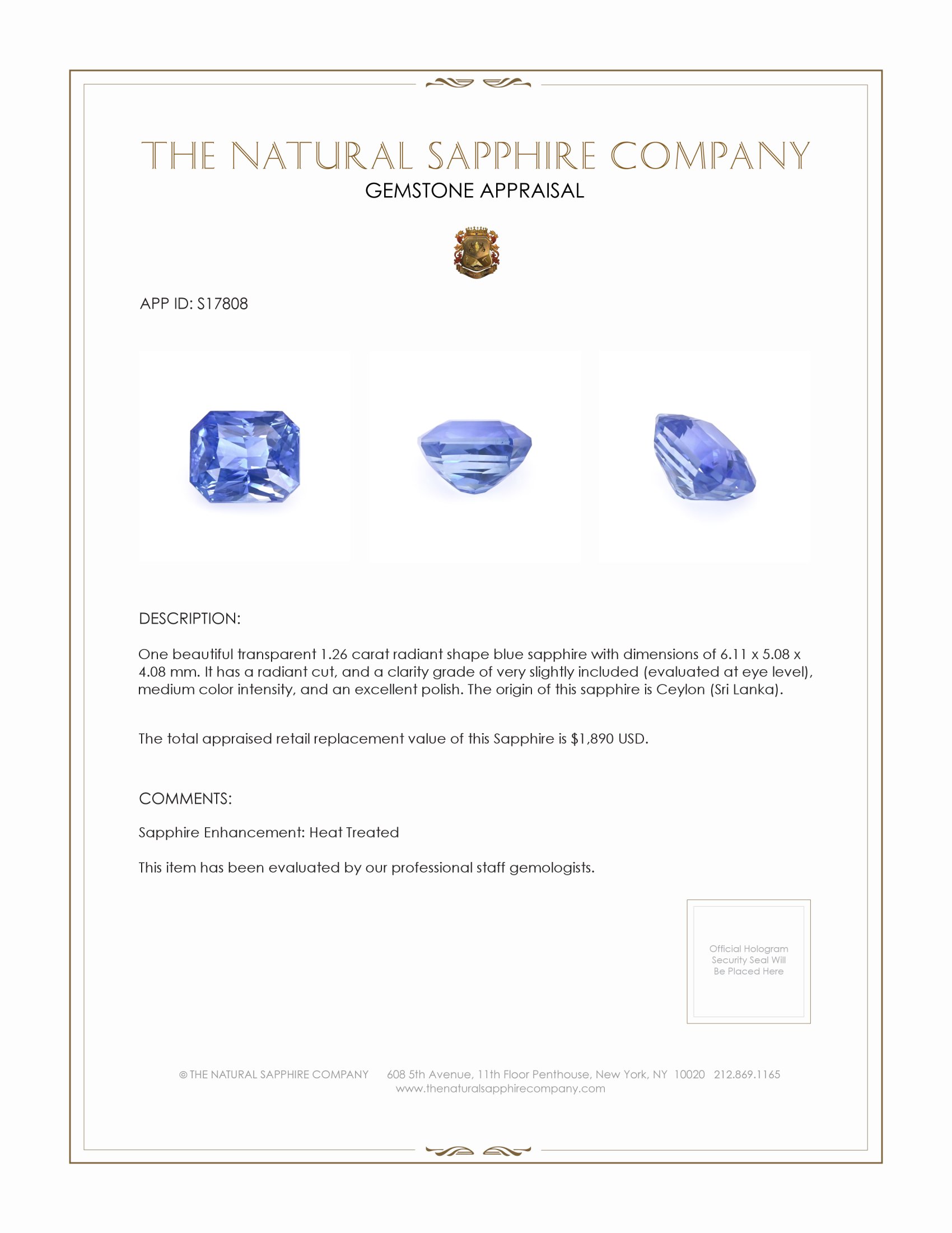1.26 Ct. Blue Sapphire from Ceylon (Sri Lanka)