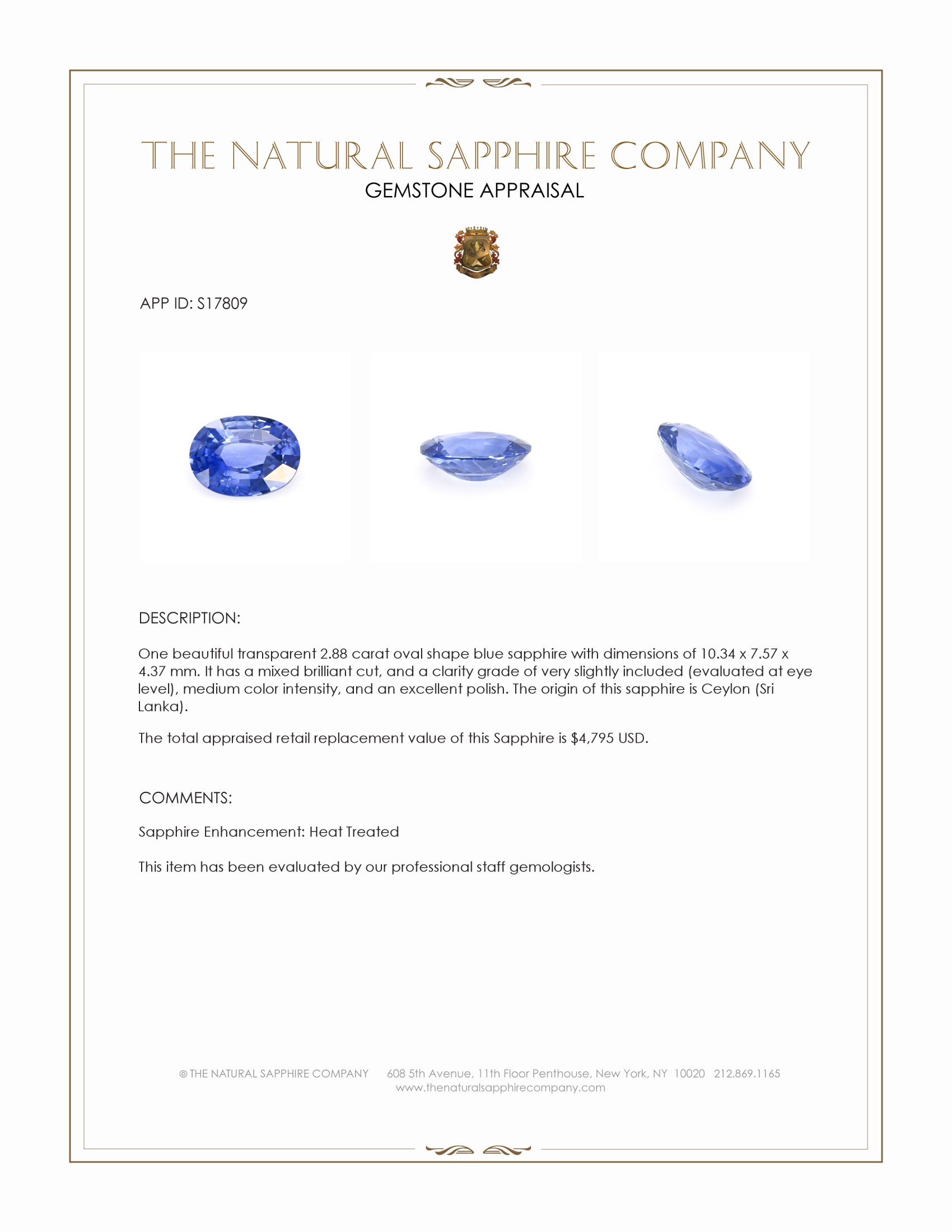 2.88 Ct. Blue Sapphire from Ceylon (Sri Lanka)