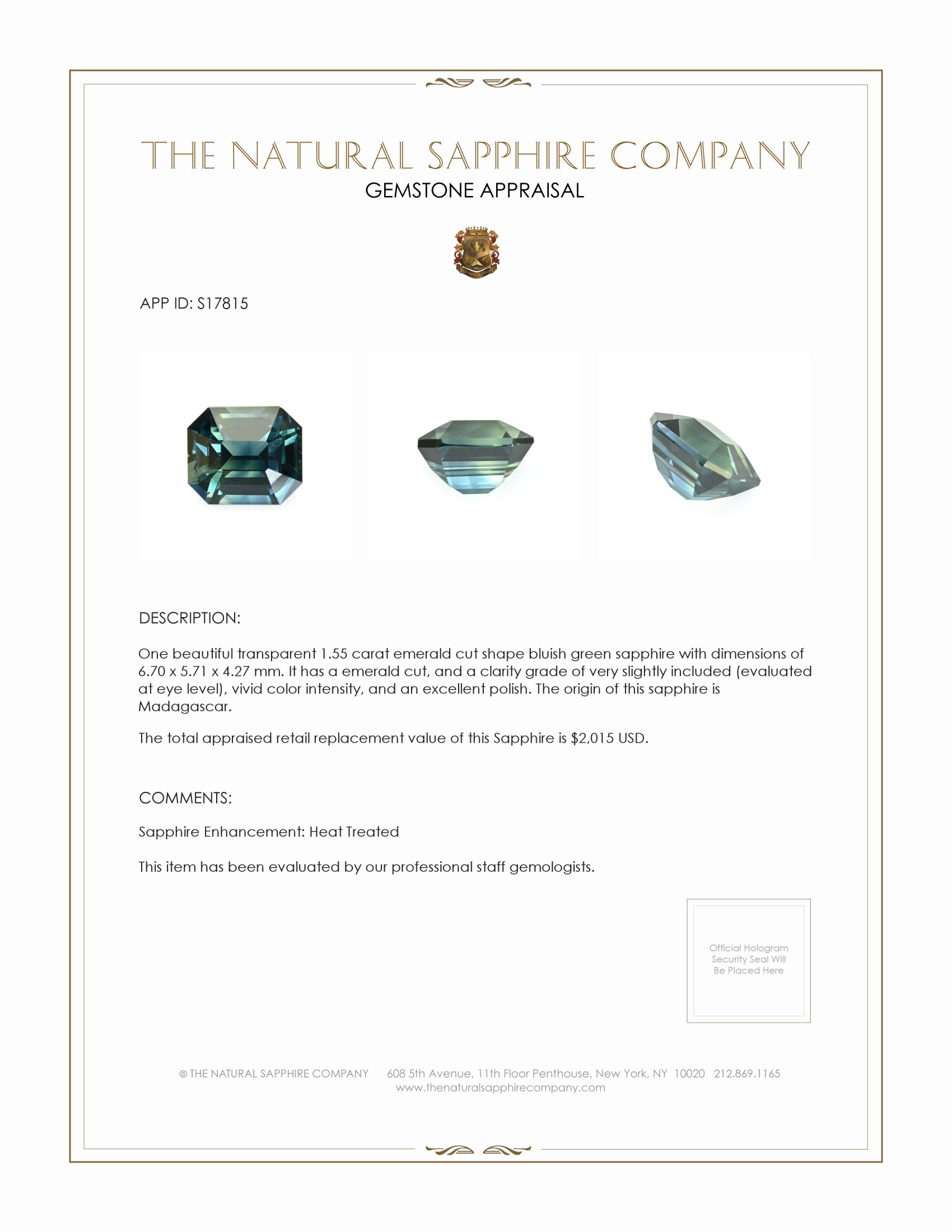 1.55 Ct. Bluish Green Sapphire from Madagascar