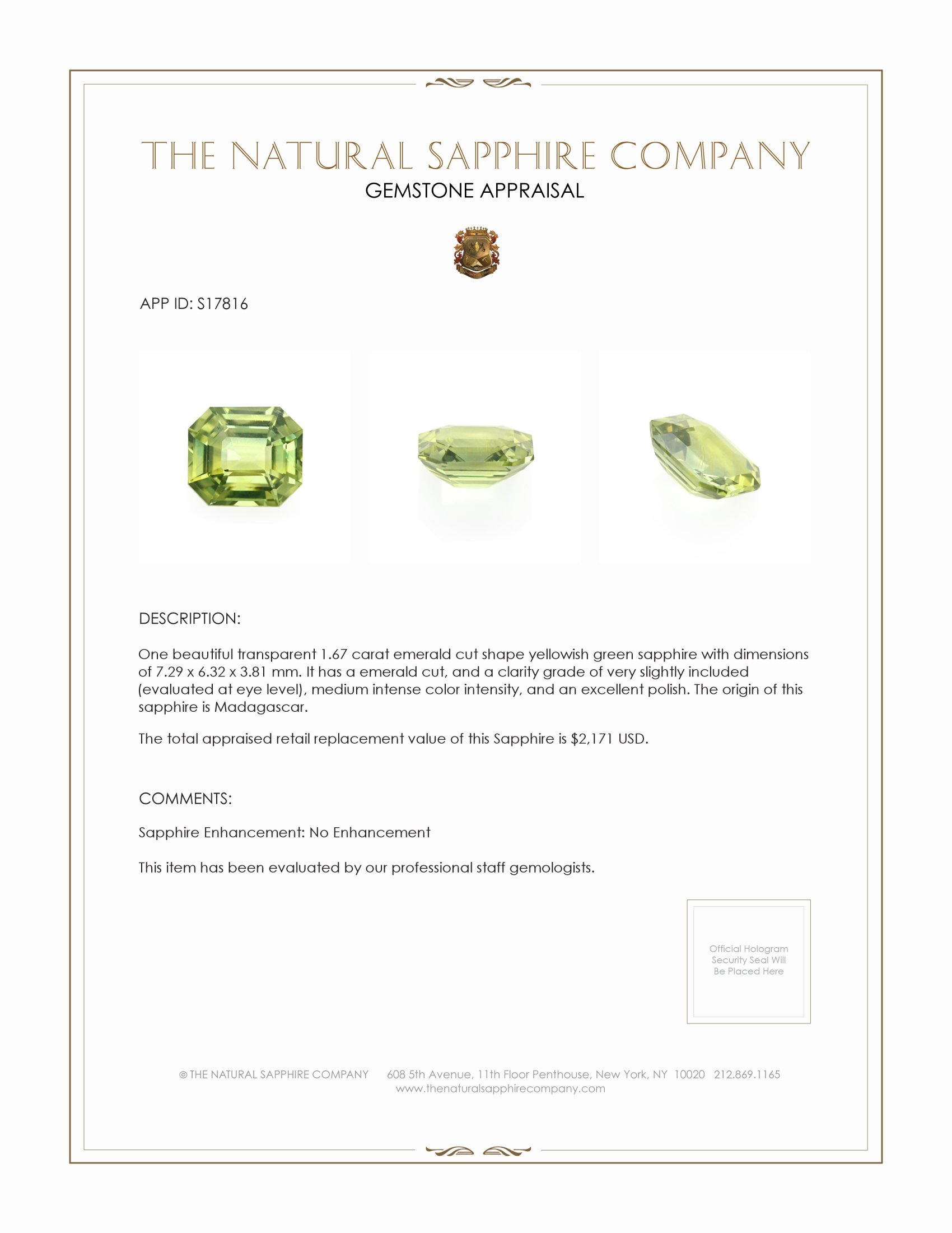 1.67 Ct. Yellowish Green Sapphire from Madagascar