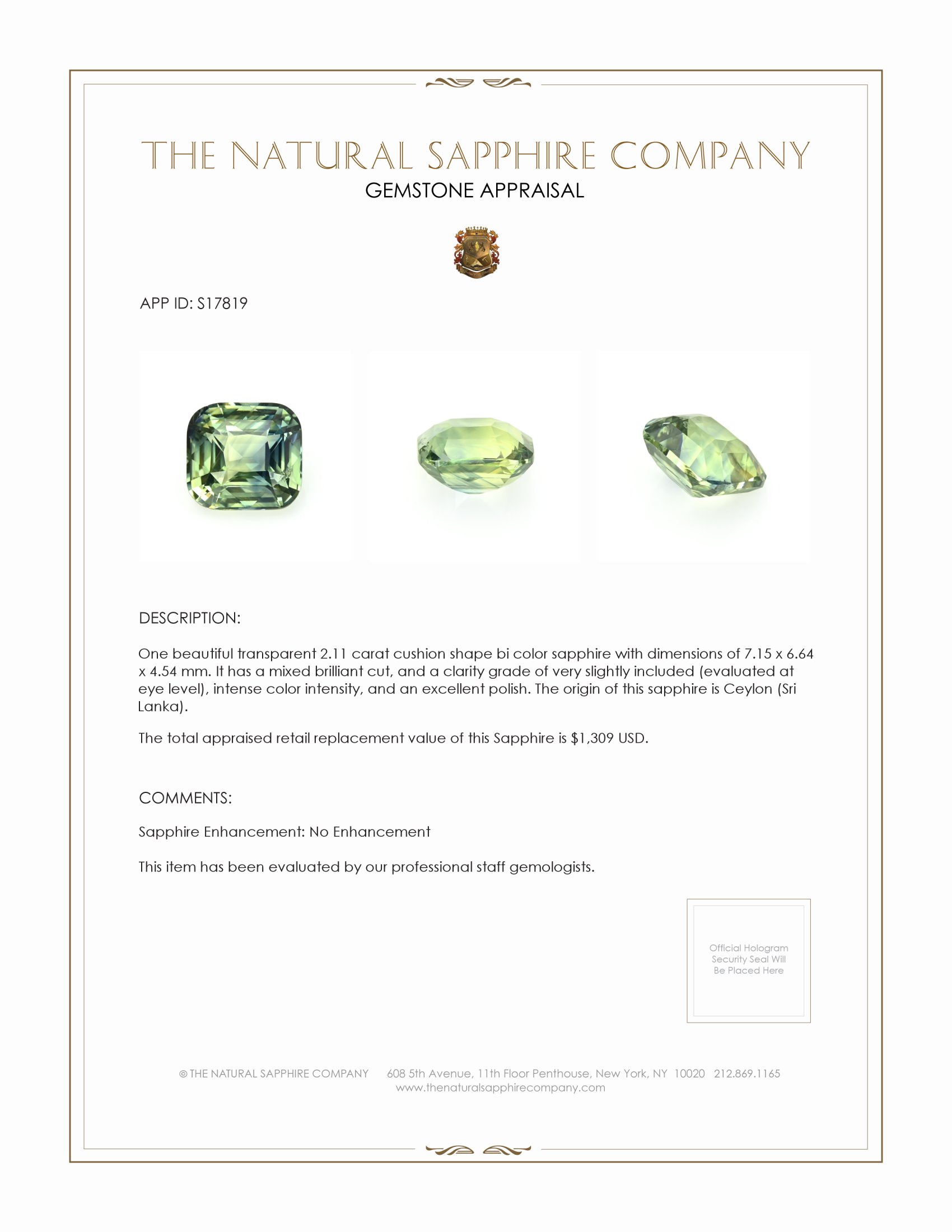 2.11 Ct. Bi Color / Parti Sapphire from Ceylon (Sri Lanka)