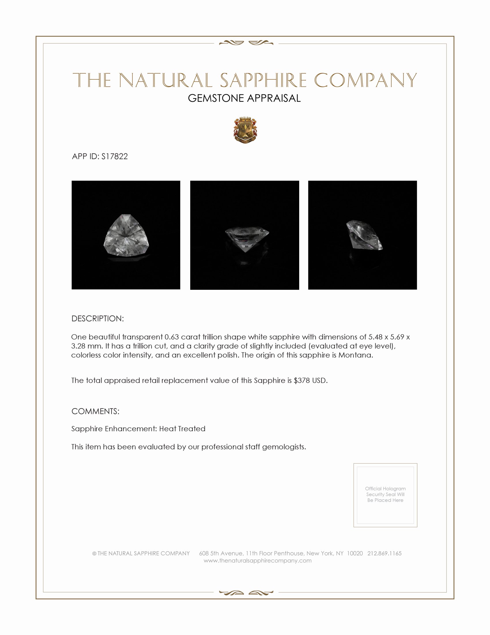 0.63 Ct. White Sapphire from Montana