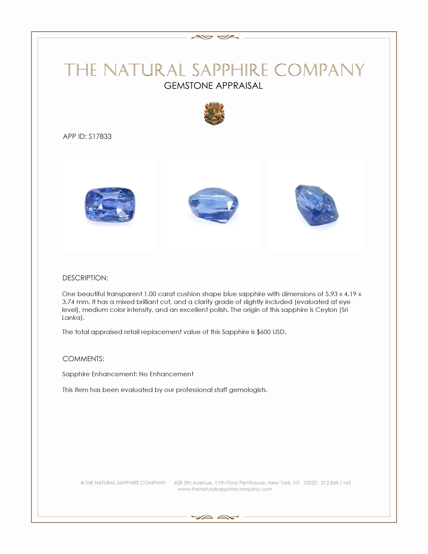 1.00 Ct. Blue Sapphire from Ceylon (Sri Lanka)
