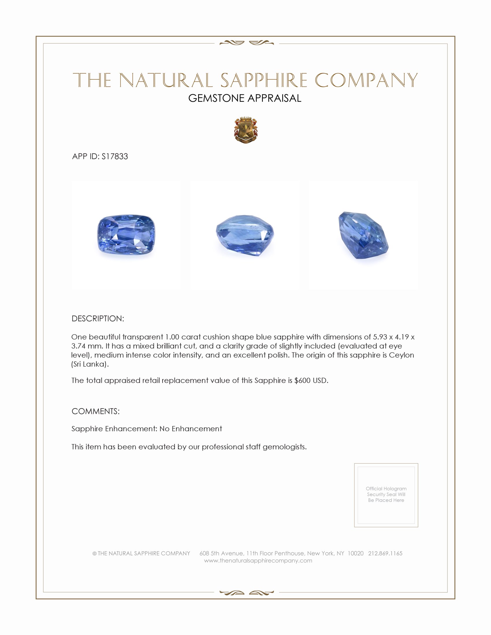 1.00 Ct. Blue Sapphire from Ceylon (Sri Lanka)