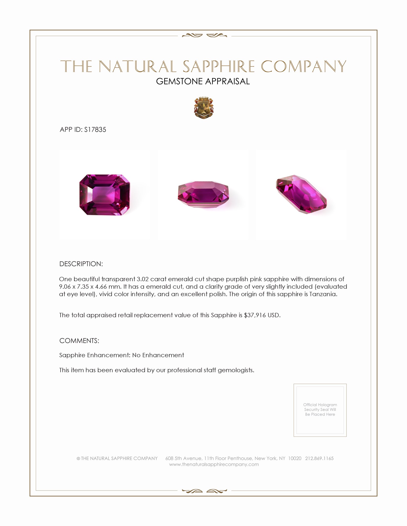 3.02 Ct. Purplish Pink Sapphire from Tanzania