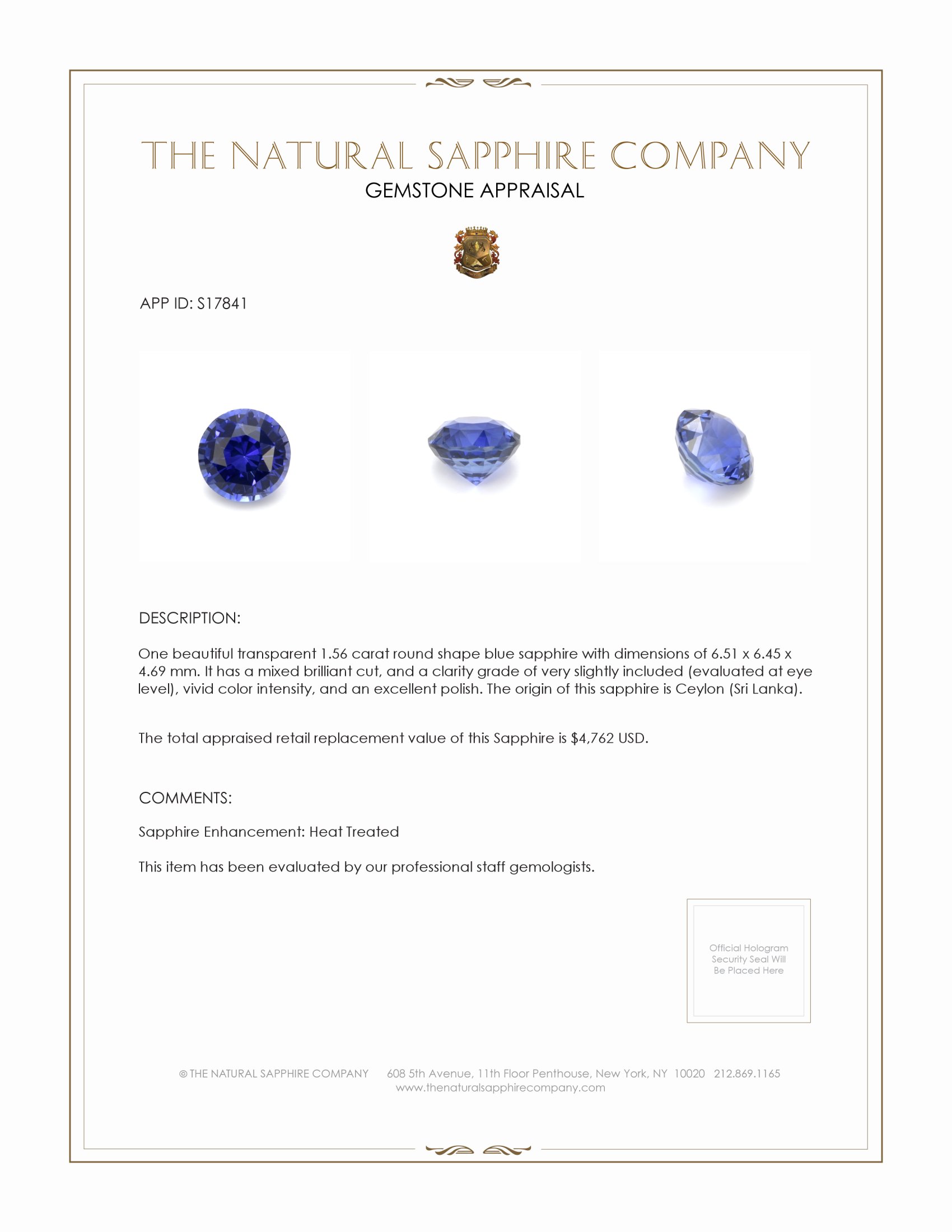 1.56 Ct. Blue Sapphire from Ceylon (Sri Lanka)