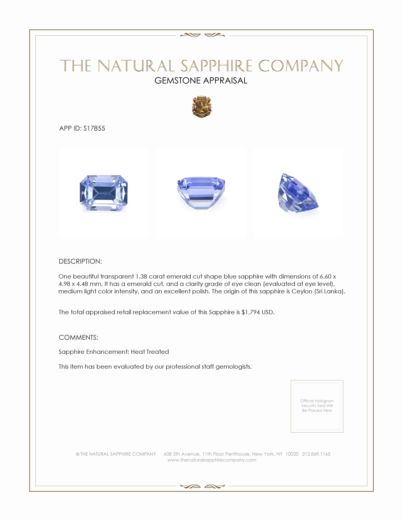 1.38 Ct. Blue Sapphire from Ceylon (Sri Lanka)