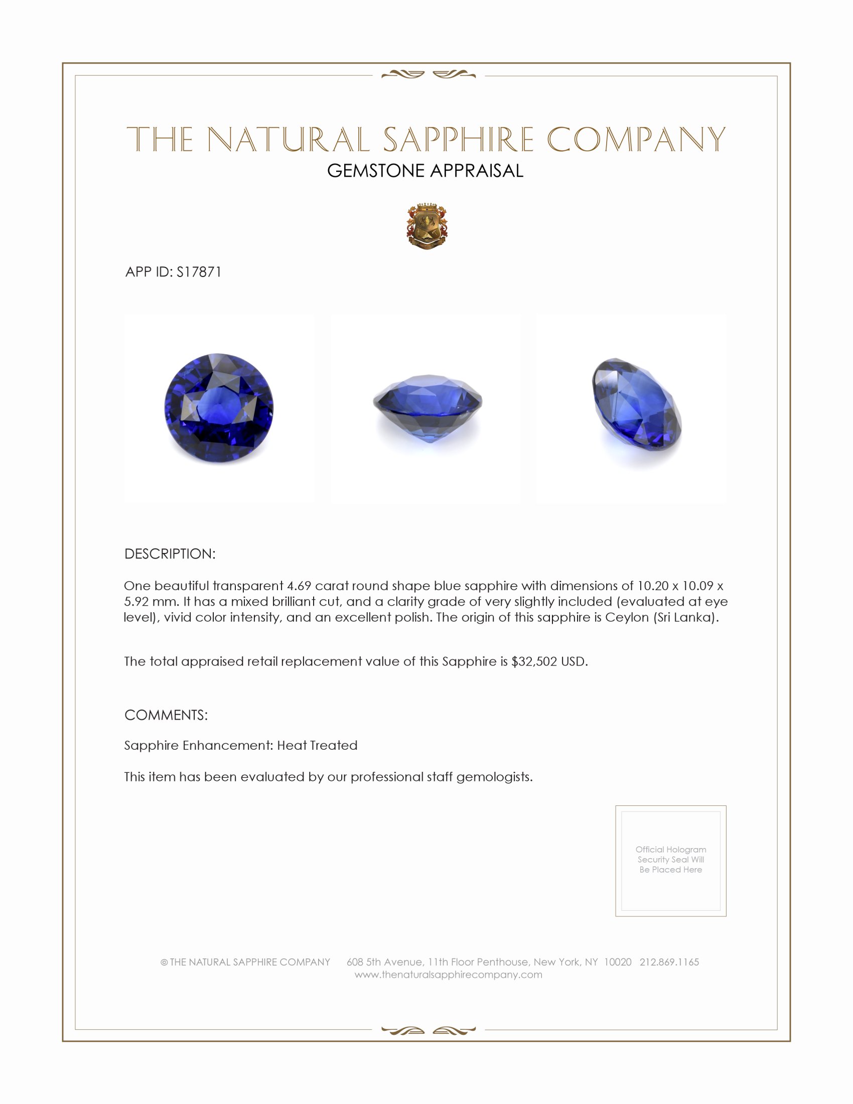4.69 Ct. Blue Sapphire from Ceylon (Sri Lanka)