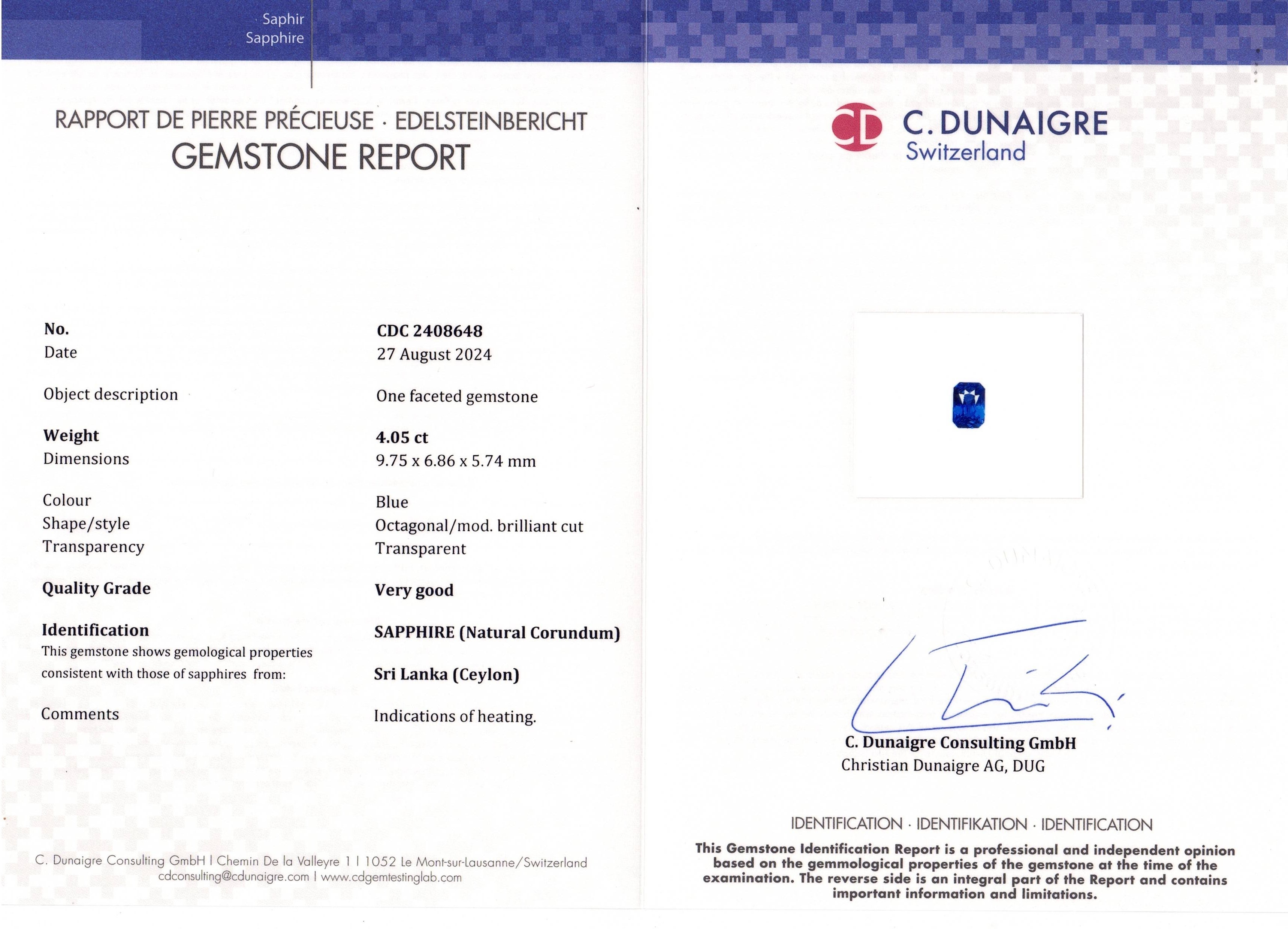 4.05 Ct. Blue Sapphire from Ceylon (Sri Lanka)