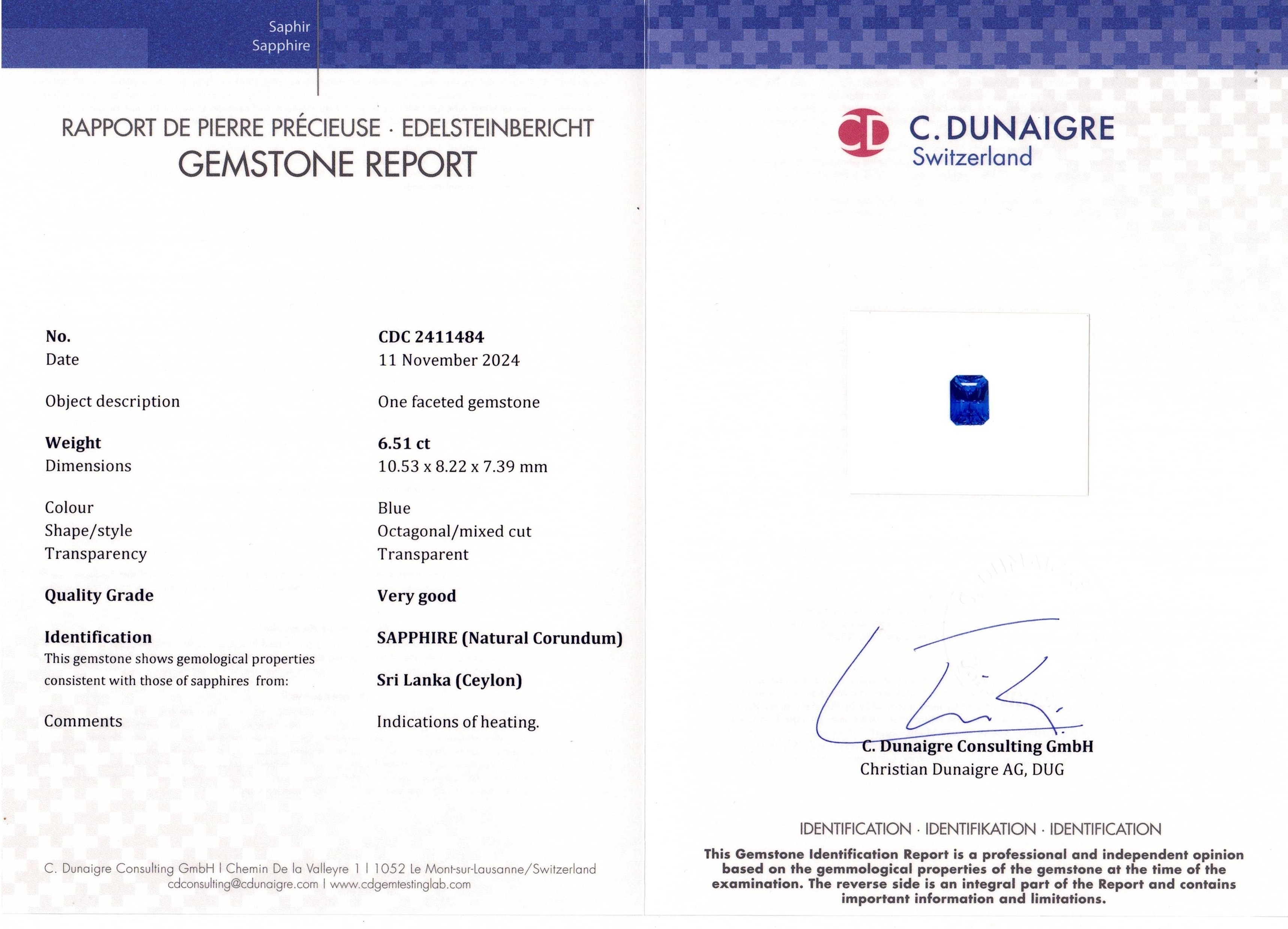 6.51 Ct. Blue Sapphire from Ceylon (Sri Lanka)