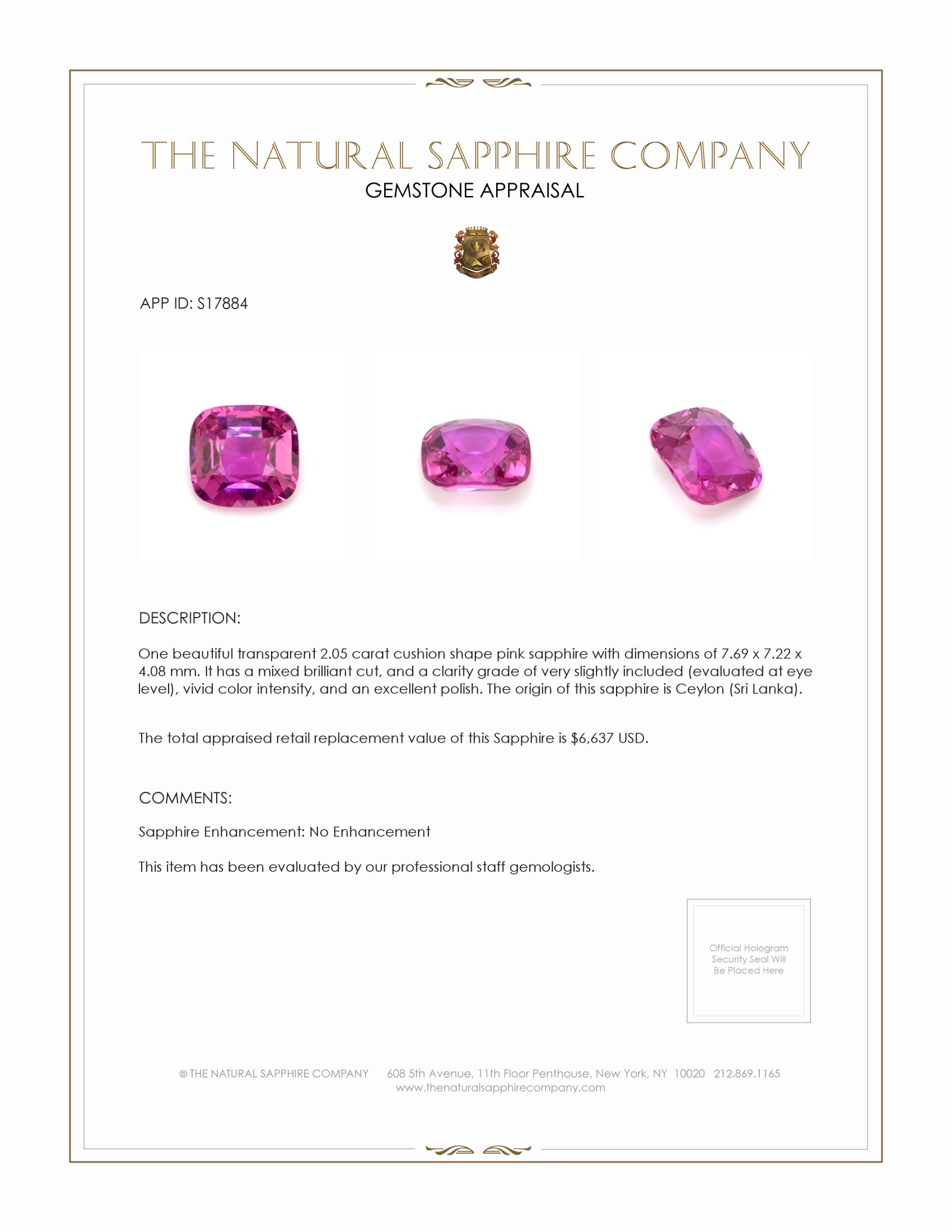 2.05 Ct. Pink Sapphire from Ceylon (Sri Lanka)