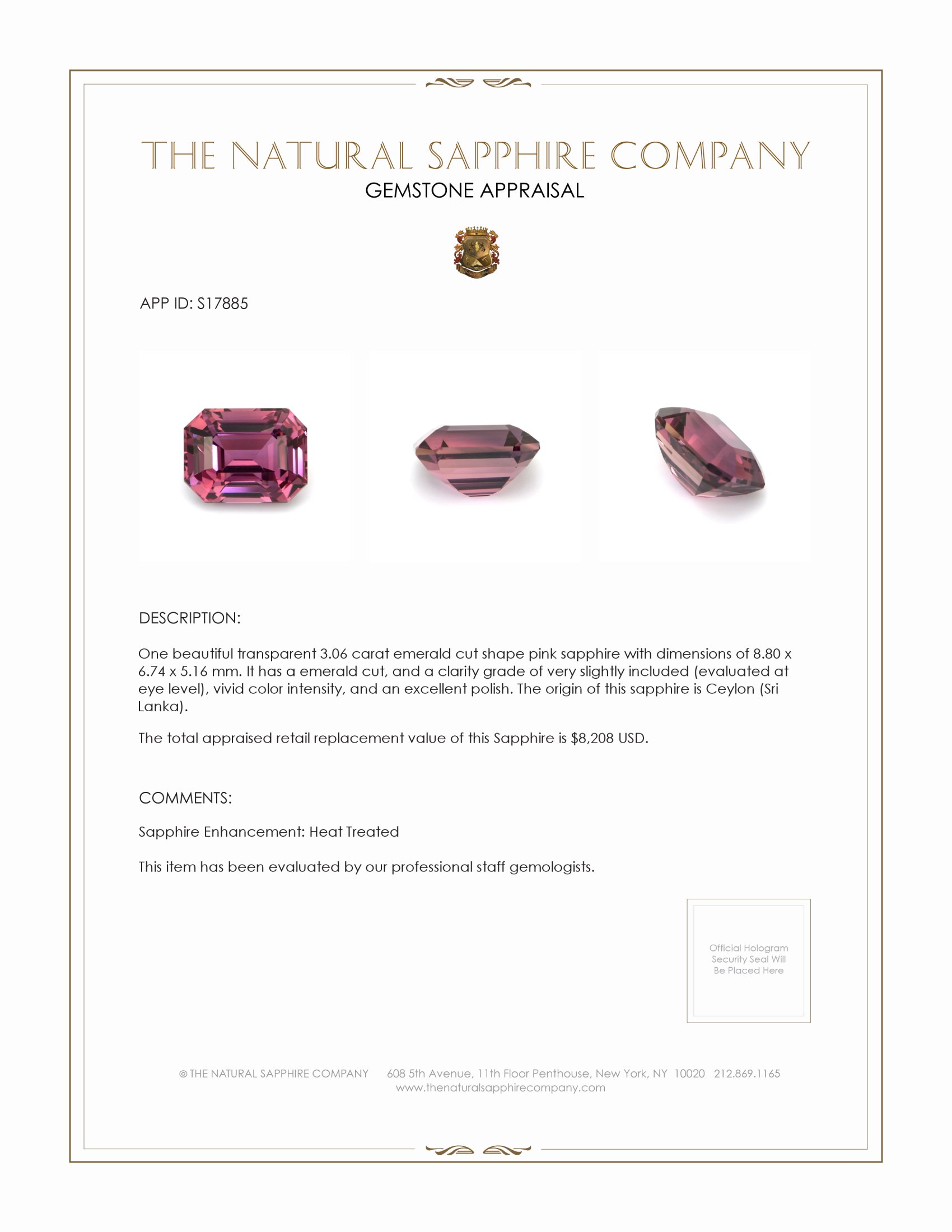 3.06 Ct. Pink Sapphire from Ceylon (Sri Lanka)