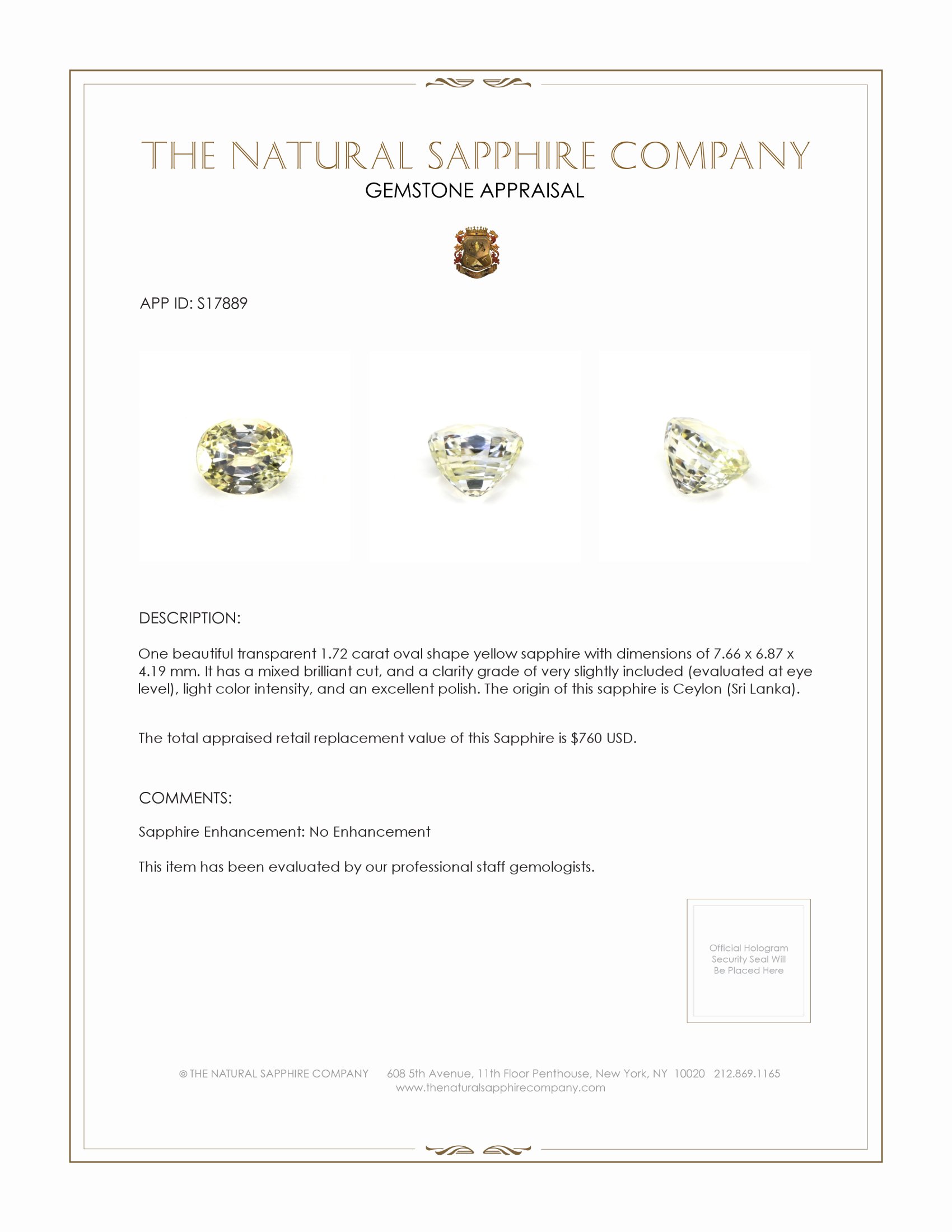 1.72 Ct. Yellow Sapphire from Ceylon (Sri Lanka)