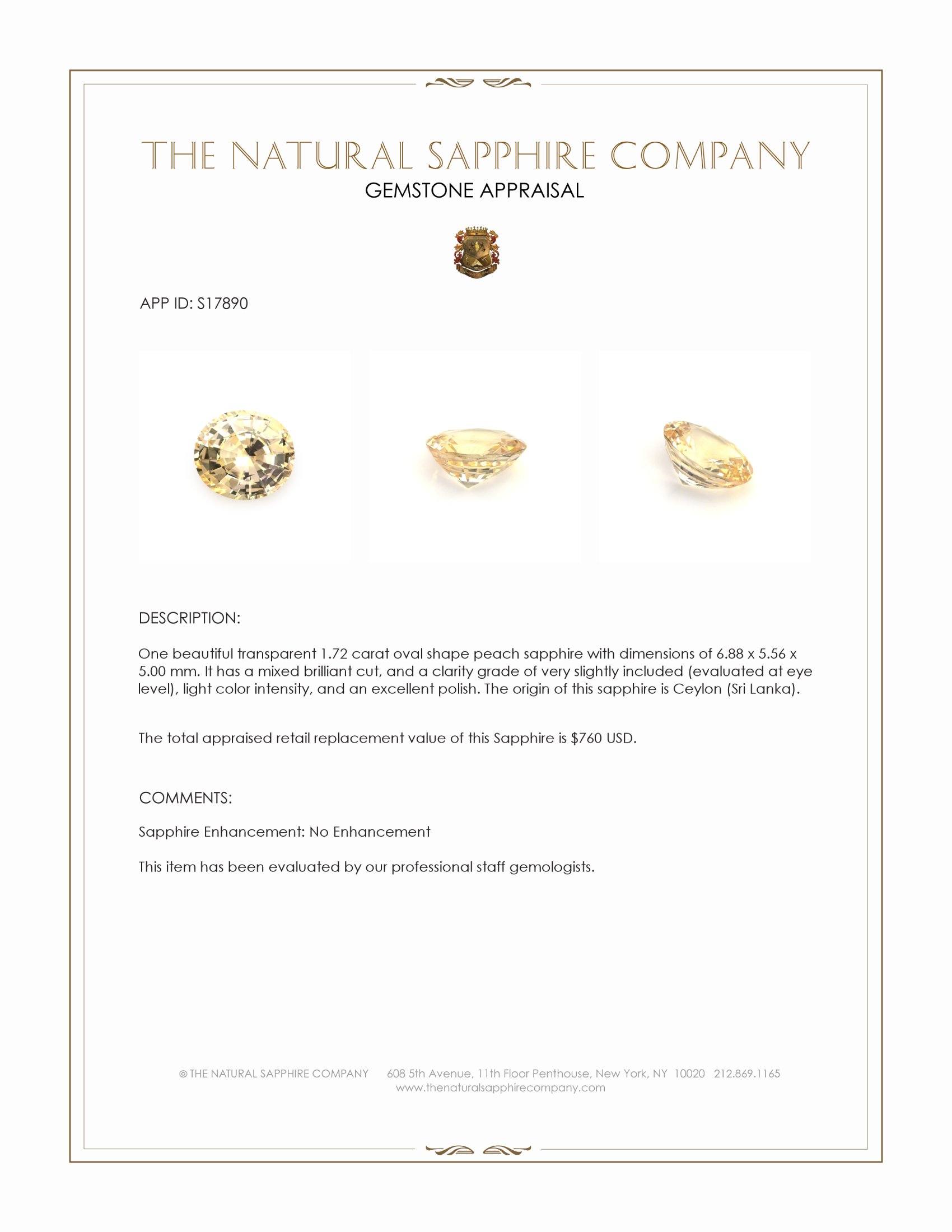 1.72 Ct. Peach Sapphire from Ceylon (Sri Lanka)