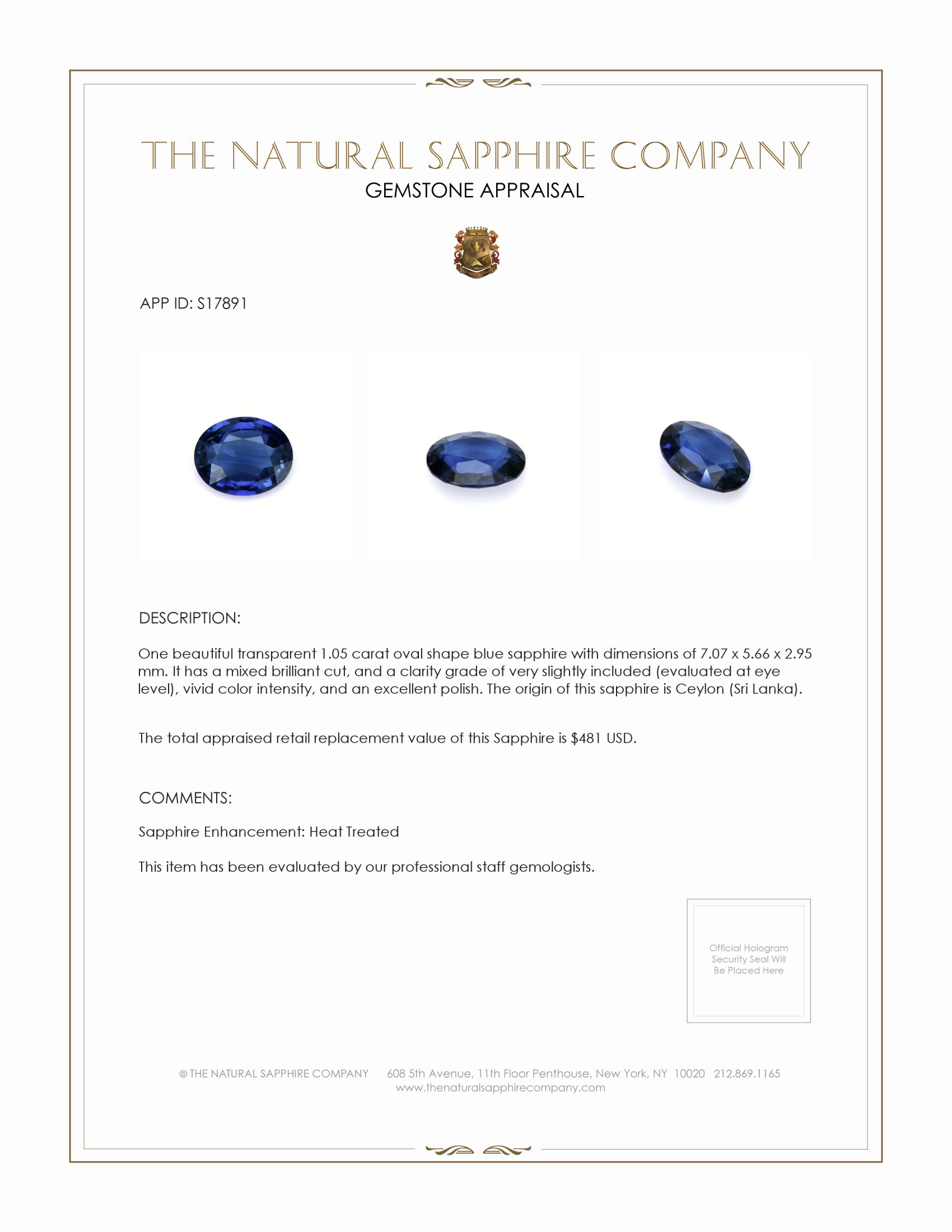 1.05 Ct. Blue Sapphire from Ceylon (Sri Lanka)