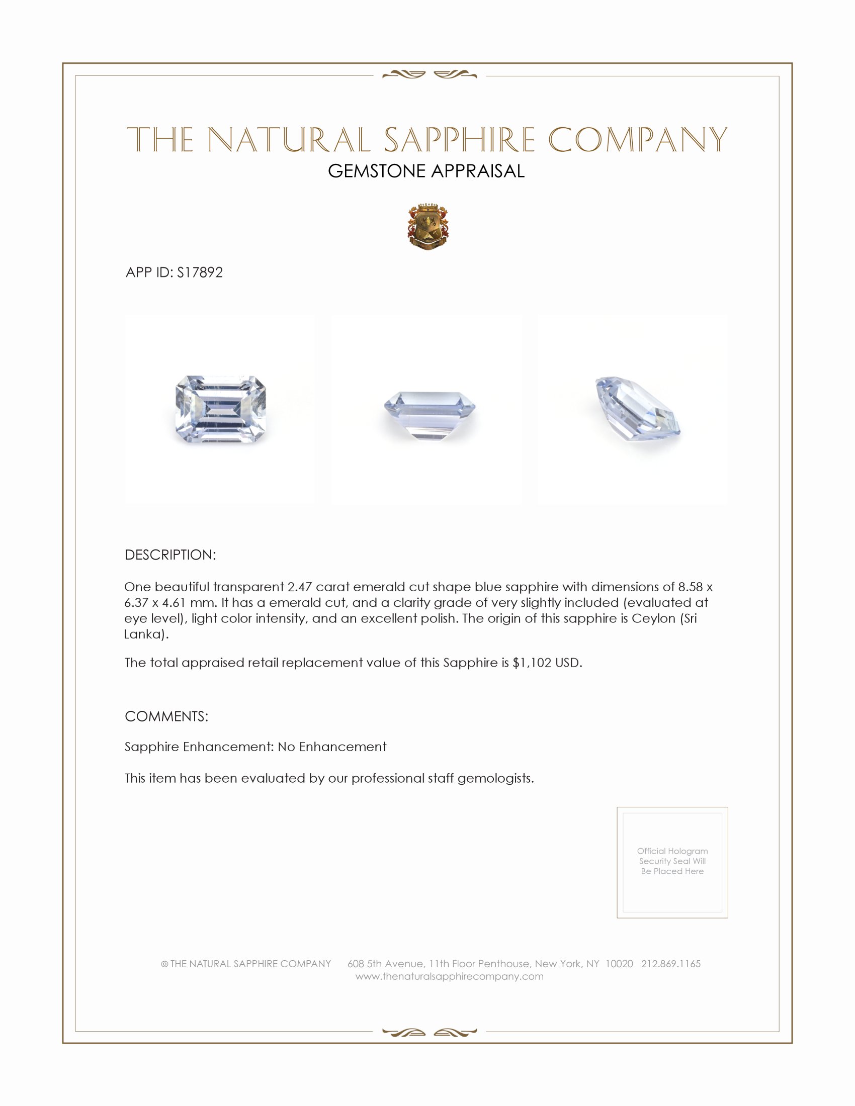 2.47 Ct. Blue Sapphire from Ceylon (Sri Lanka)
