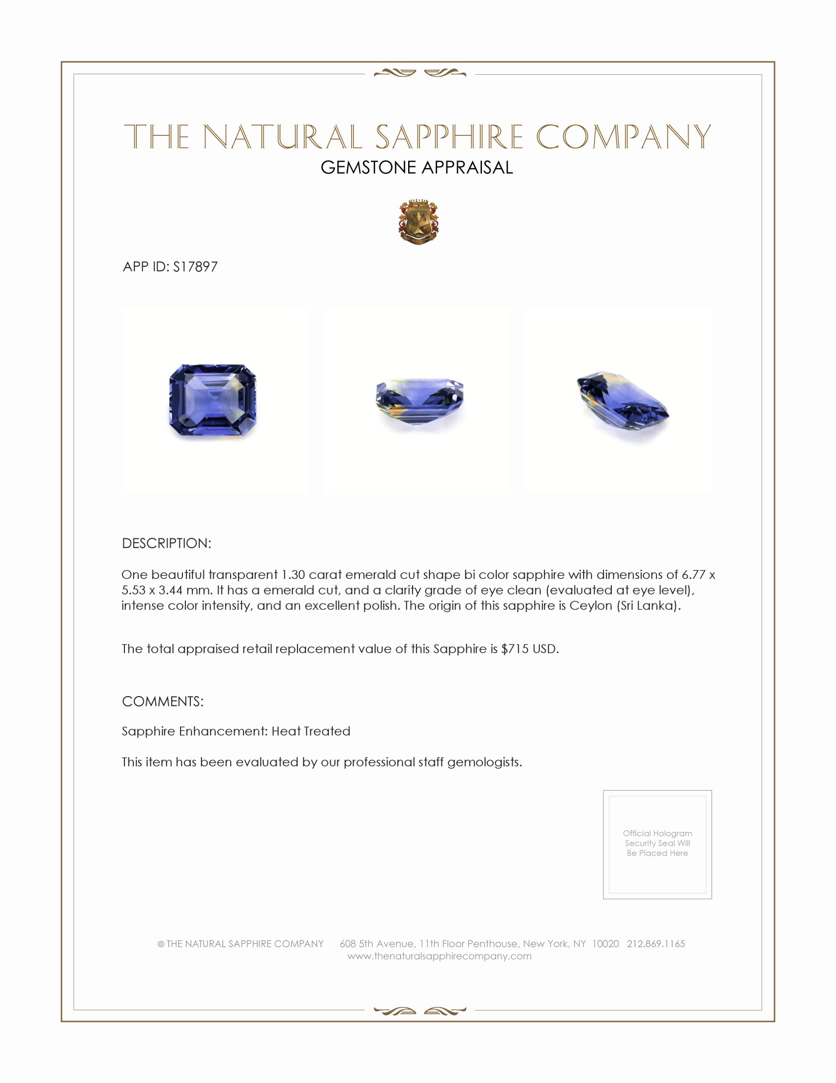 1.30 Ct. Bi Color Sapphire from Ceylon (Sri Lanka)