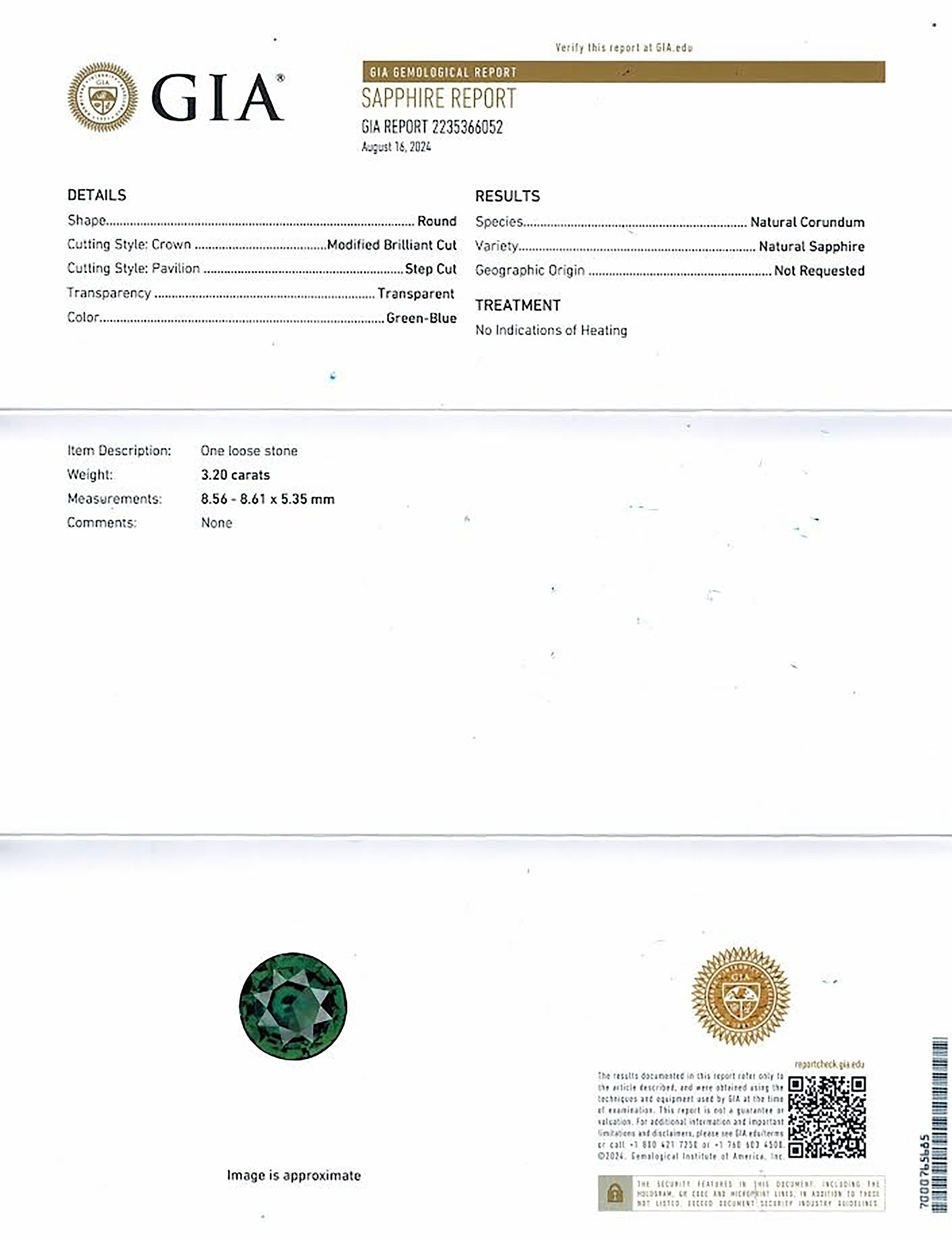 3.20 Ct. Bluish Green Sapphire from Ceylon (Sri Lanka)
