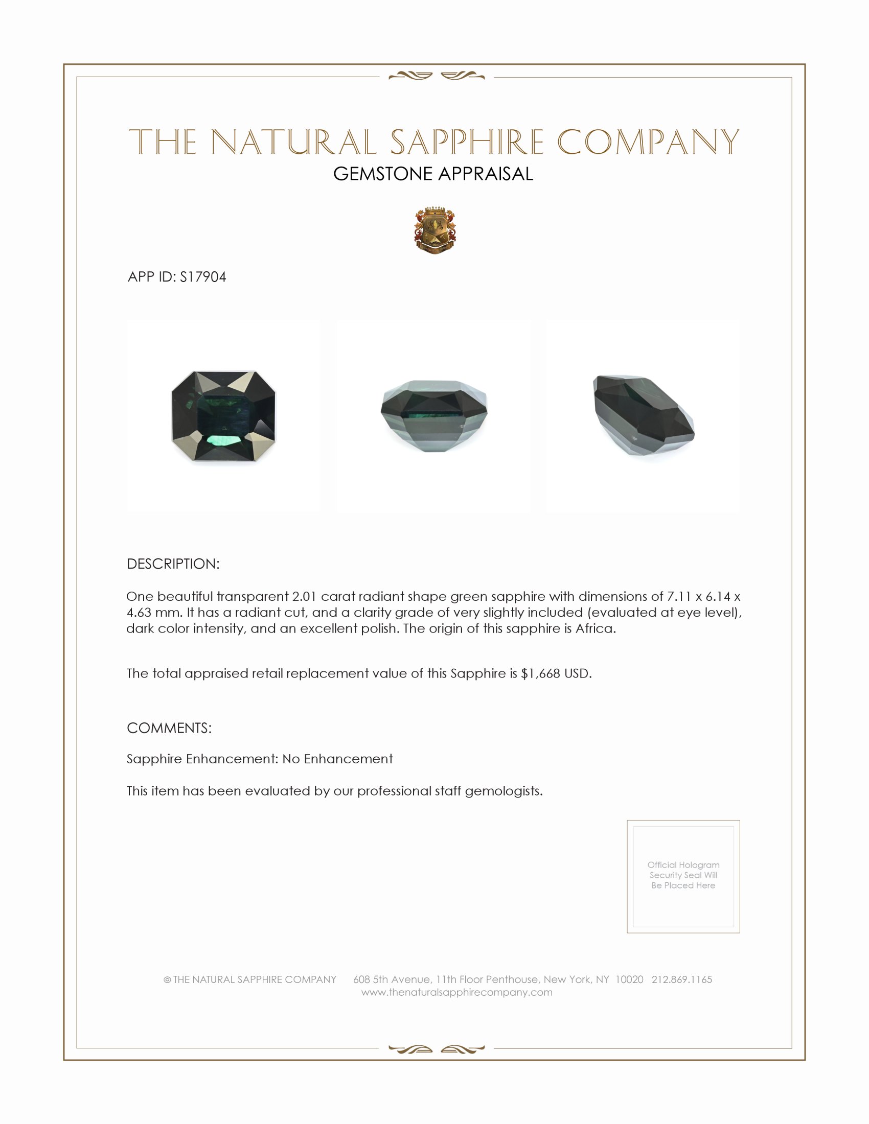 2.01 Ct. Green Sapphire from Africa