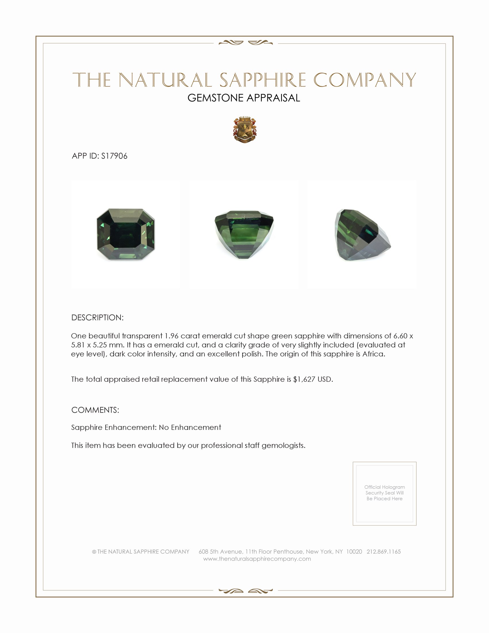 1.96 Ct. Green Sapphire from Africa