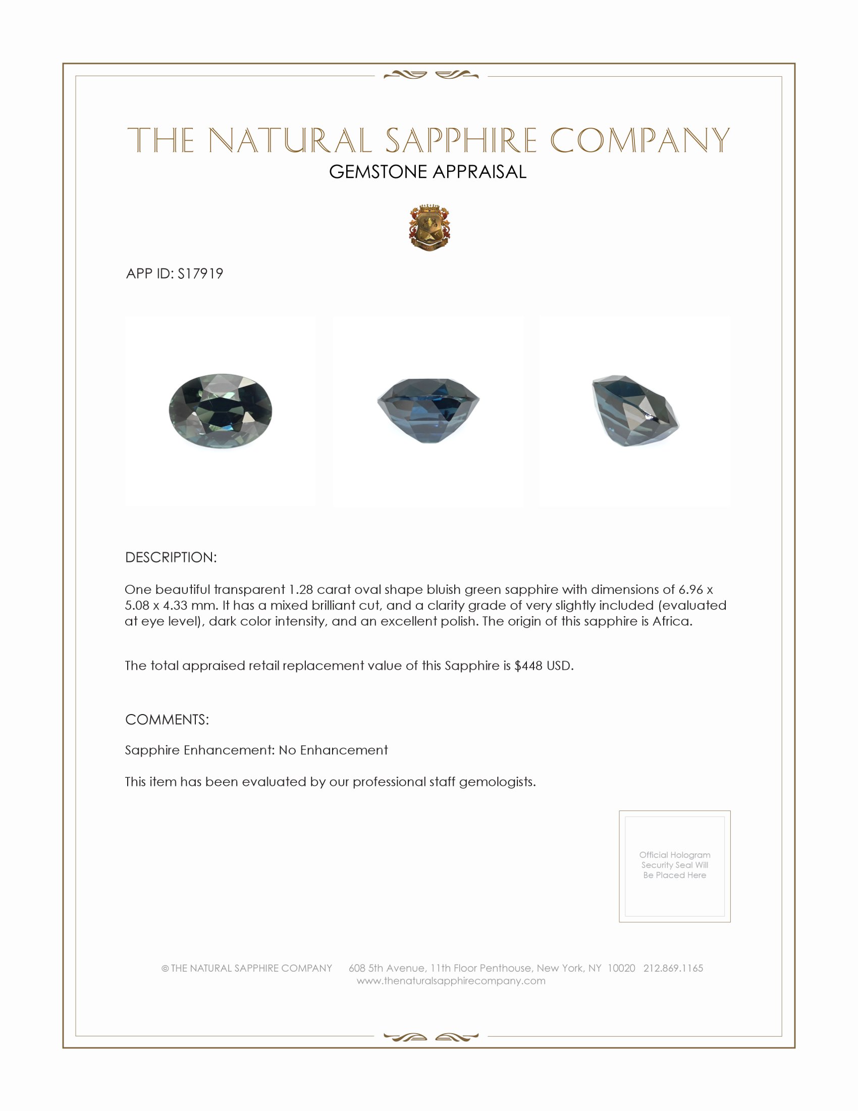 1.28 Ct. Bluish Green Sapphire from Africa