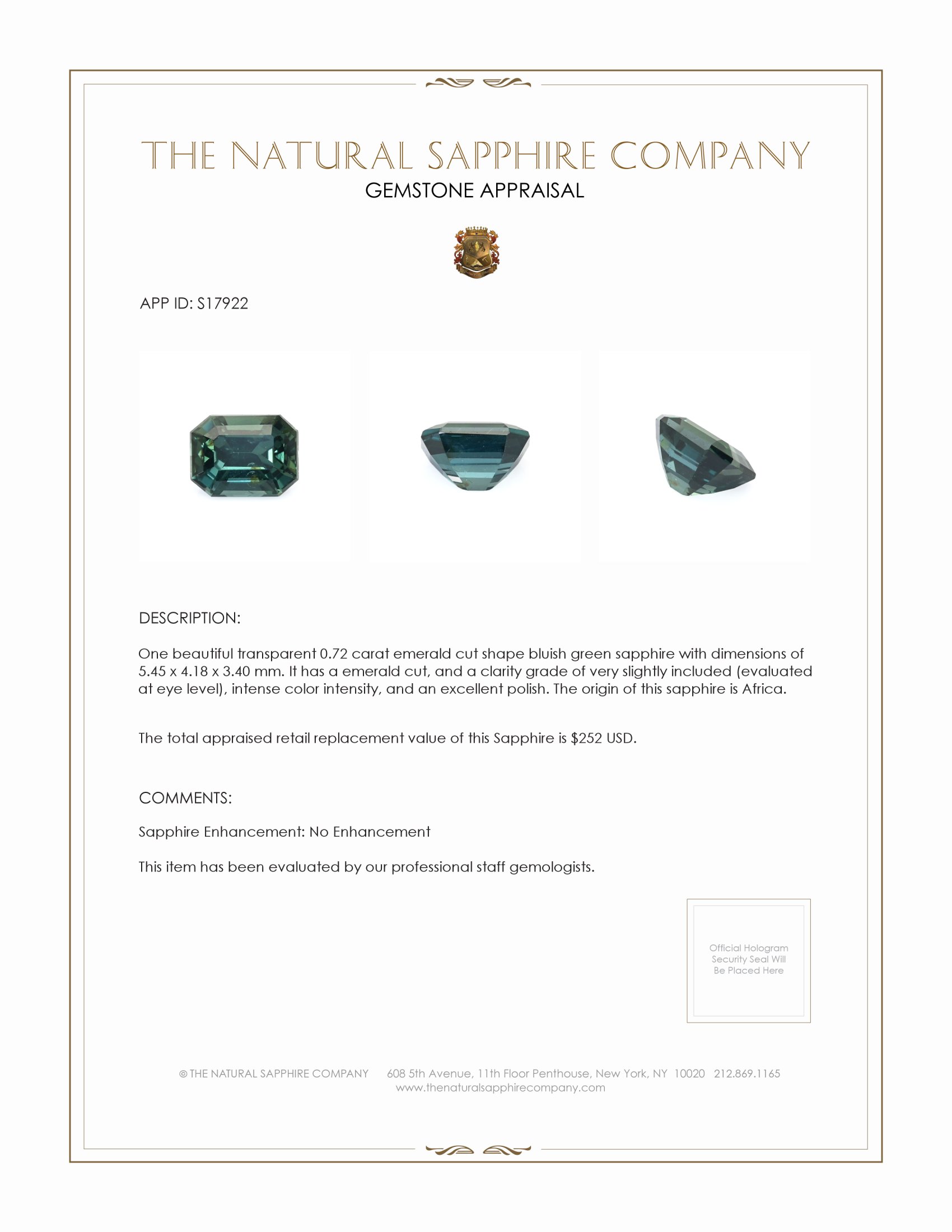 0.72 Ct. Bluish Green Sapphire from Africa