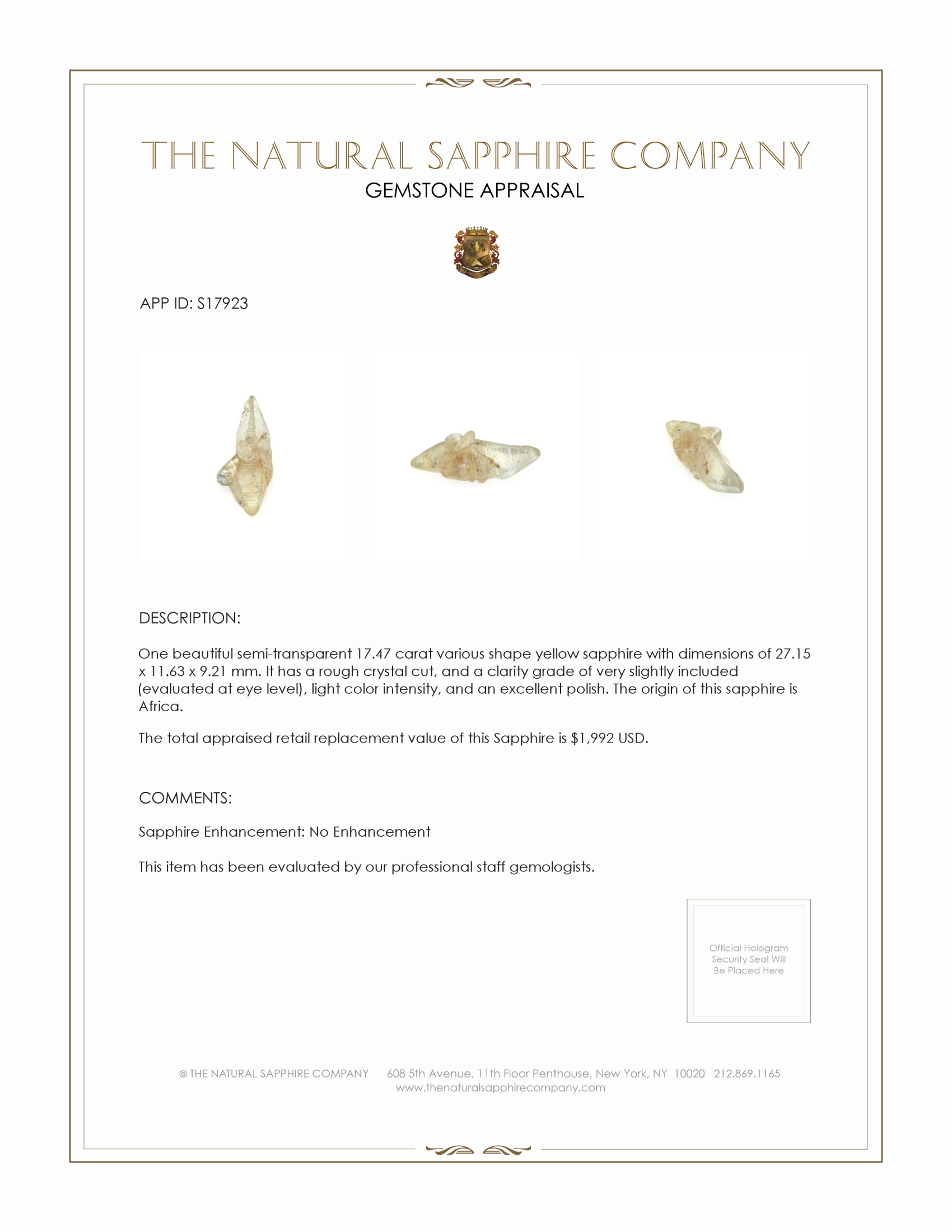 17.47 Ct. Yellow Sapphire Crystal from Africa