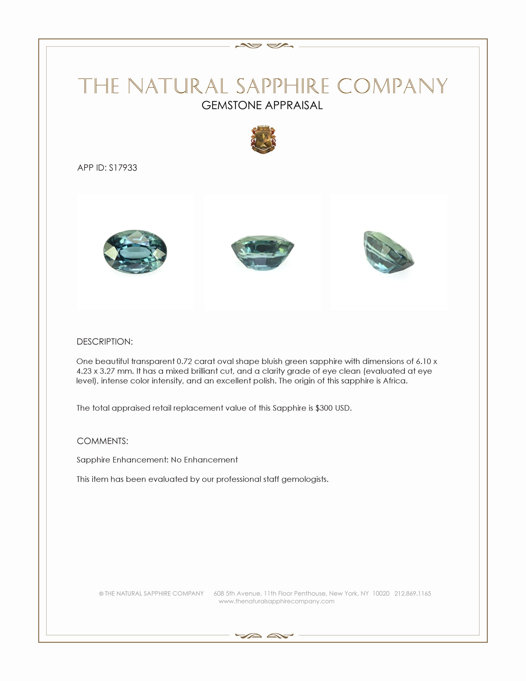 0.72 Ct. Bluish Green Sapphire from Africa