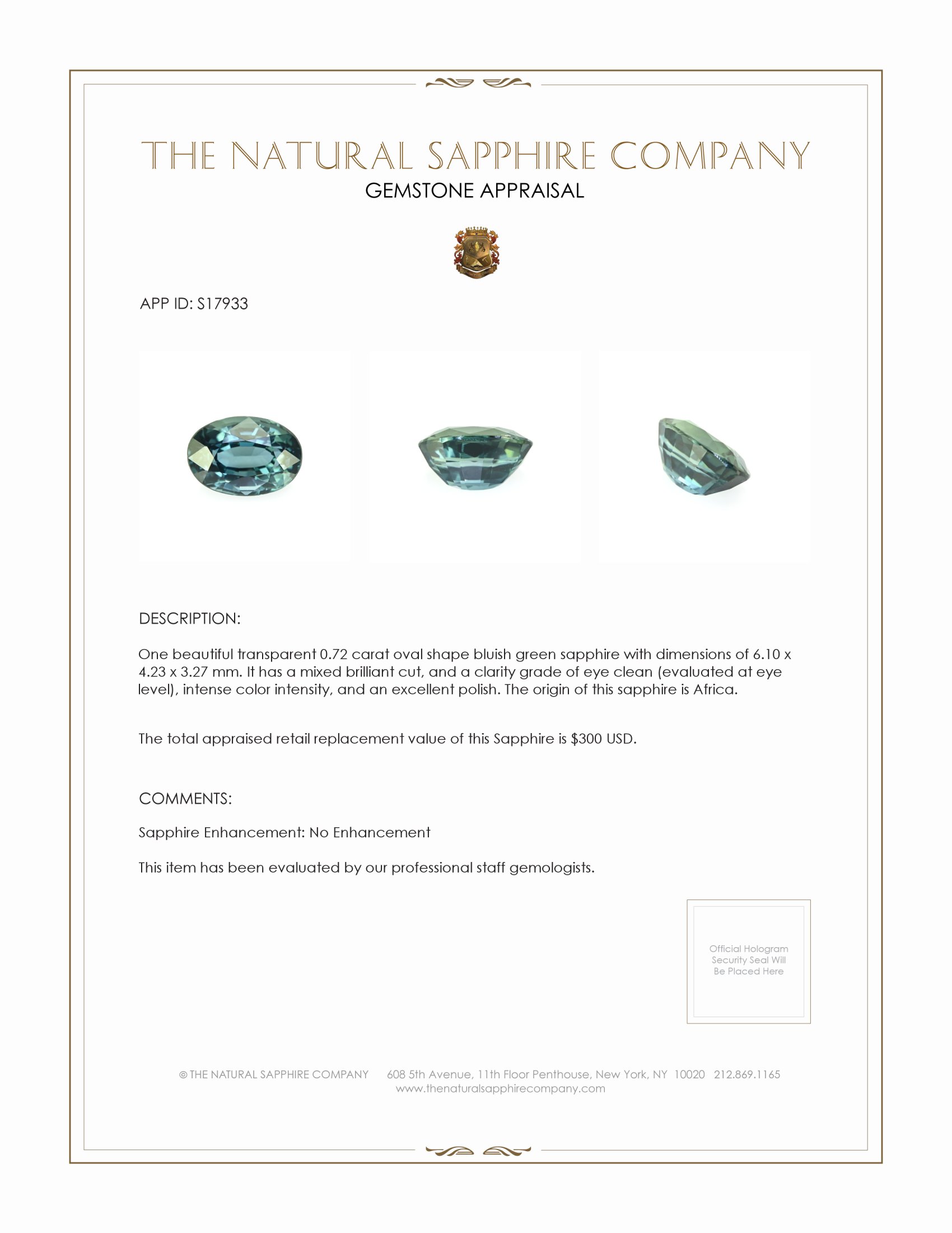 0.72 Ct. Bluish Green Sapphire from Africa