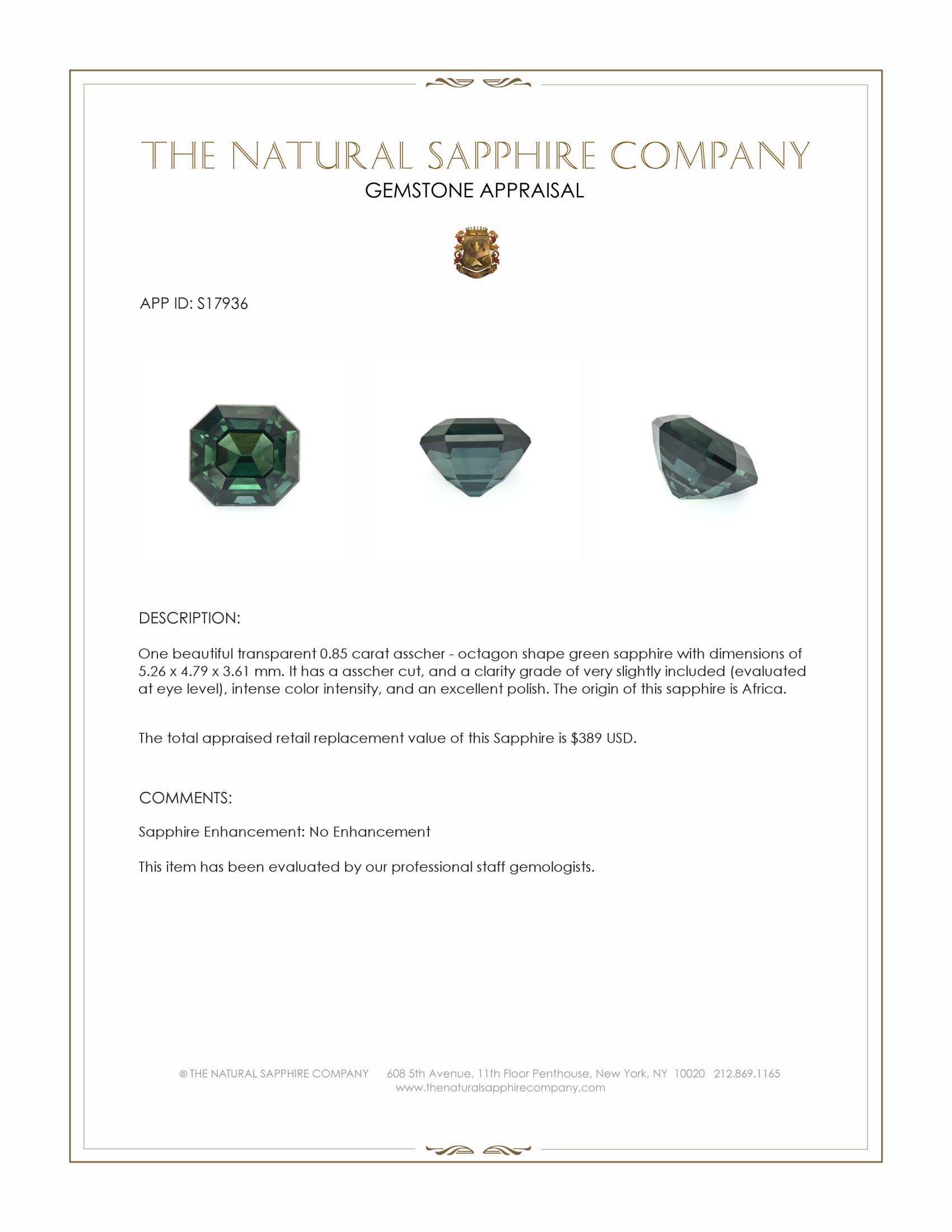 0.85 Ct. Green Sapphire from Africa