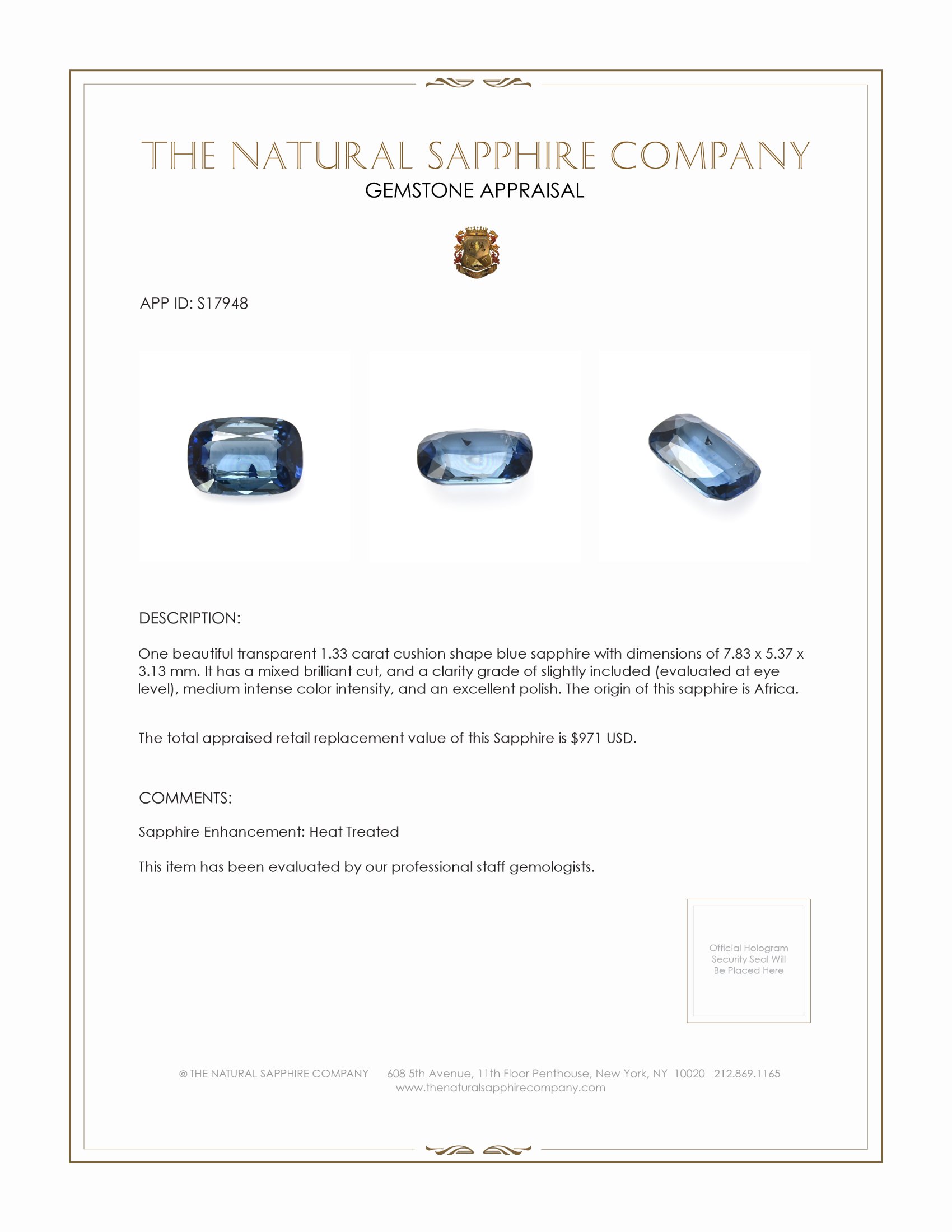1.33 Ct. Blue Sapphire from Africa