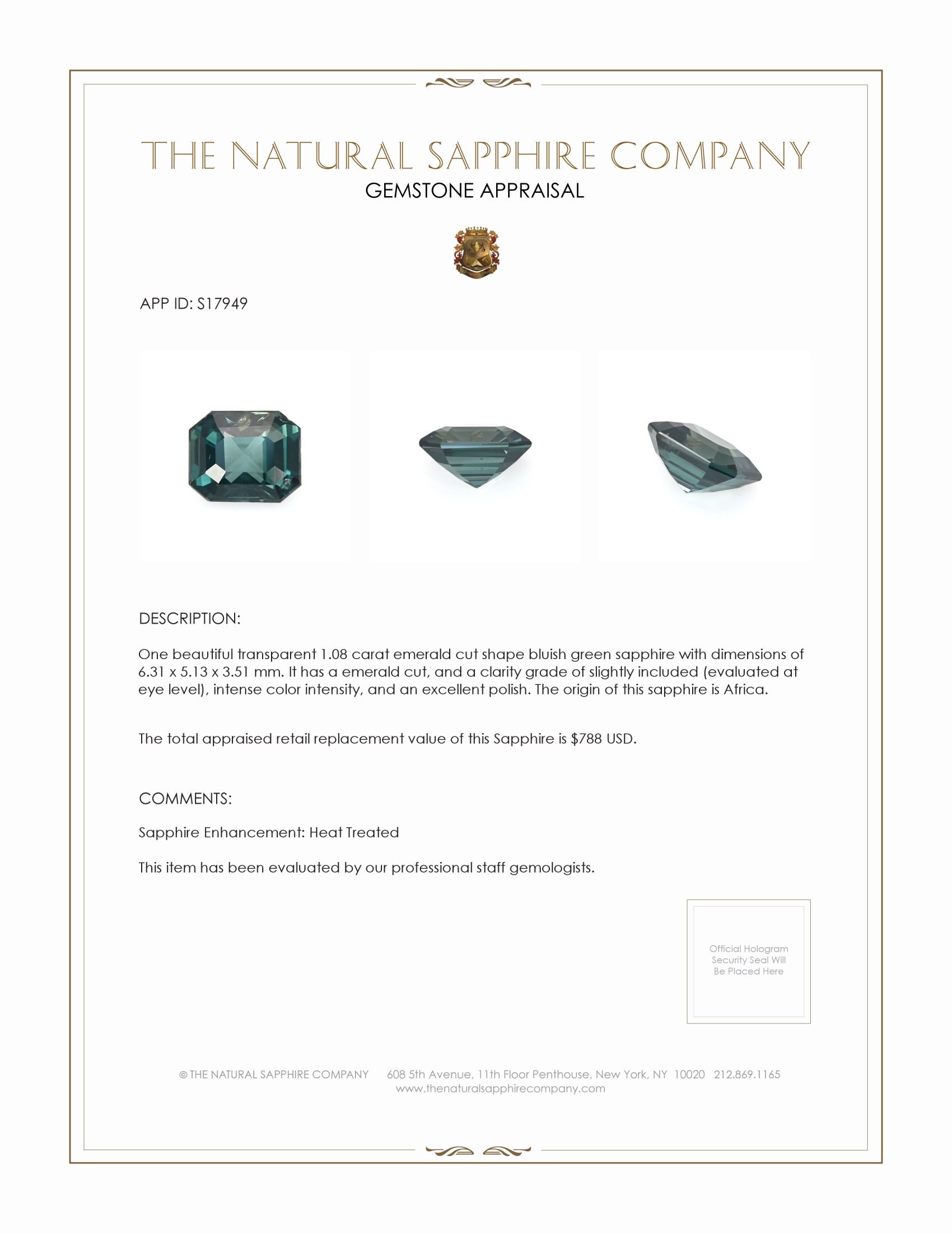 1.08 Ct. Bluish Green Sapphire from Africa