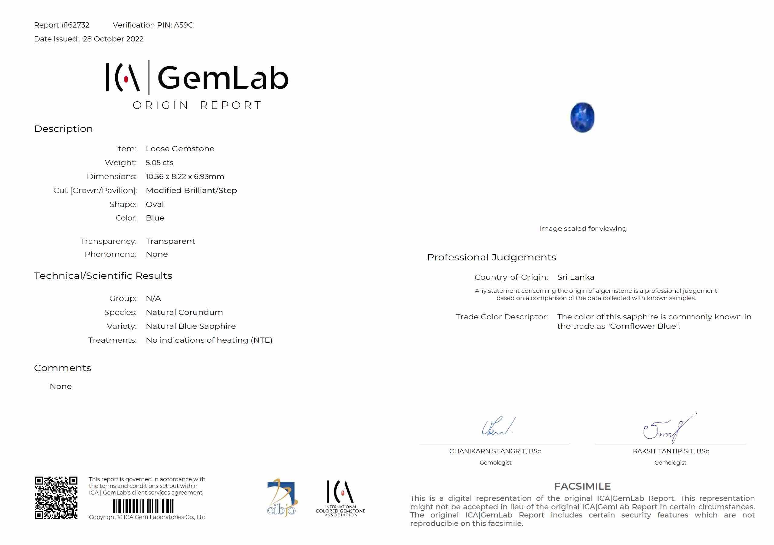 5.05 Ct. Blue Sapphire from Ceylon (Sri Lanka)