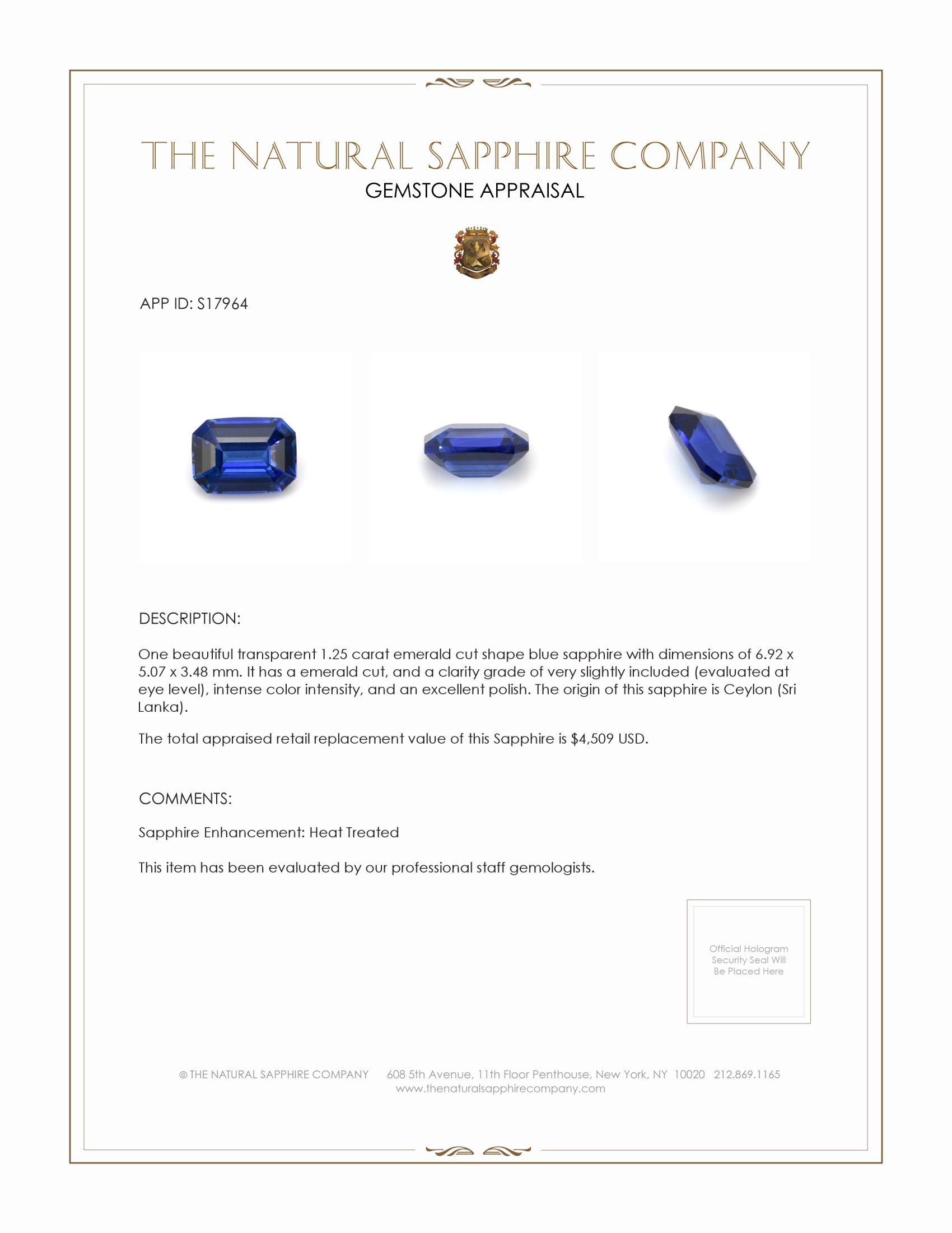 1.25 Ct. Blue Sapphire from Ceylon (Sri Lanka)