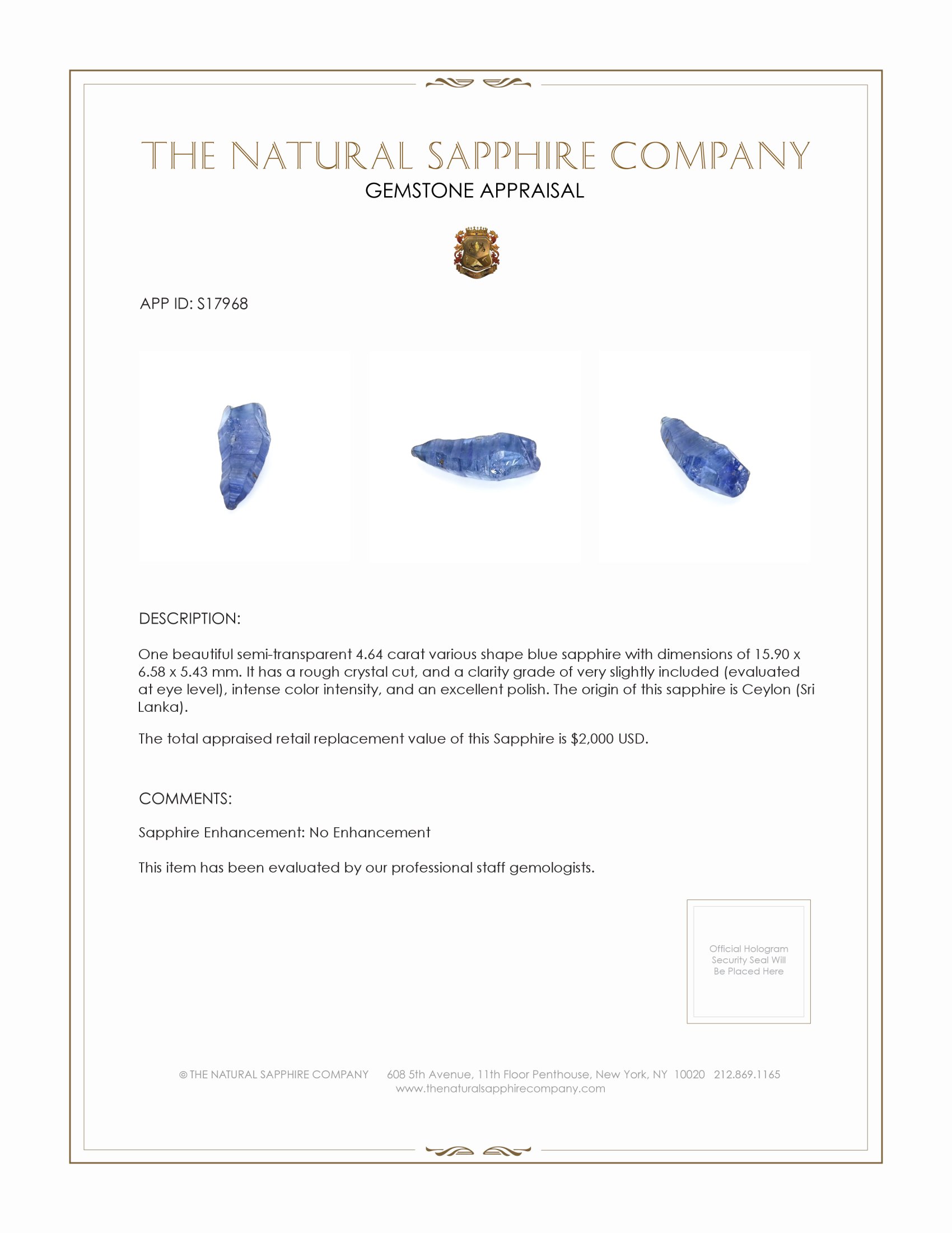 4.64 Ct. Blue Sapphire Crystal from Ceylon (Sri Lanka)