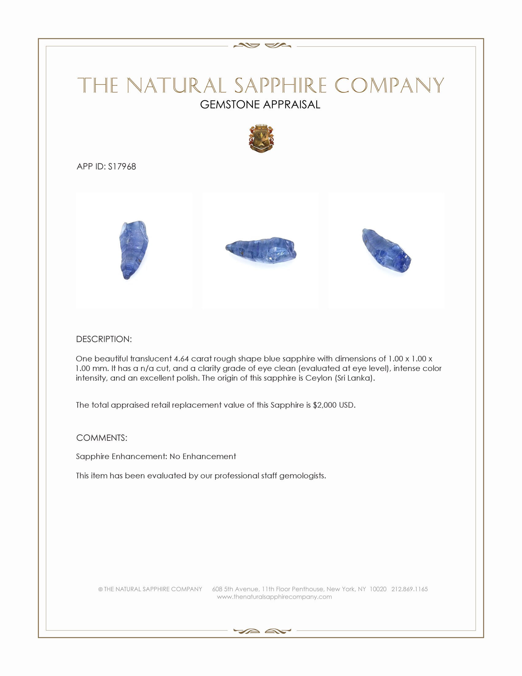 4.64 Ct. Blue Rough Sapphire from Ceylon (Sri Lanka)