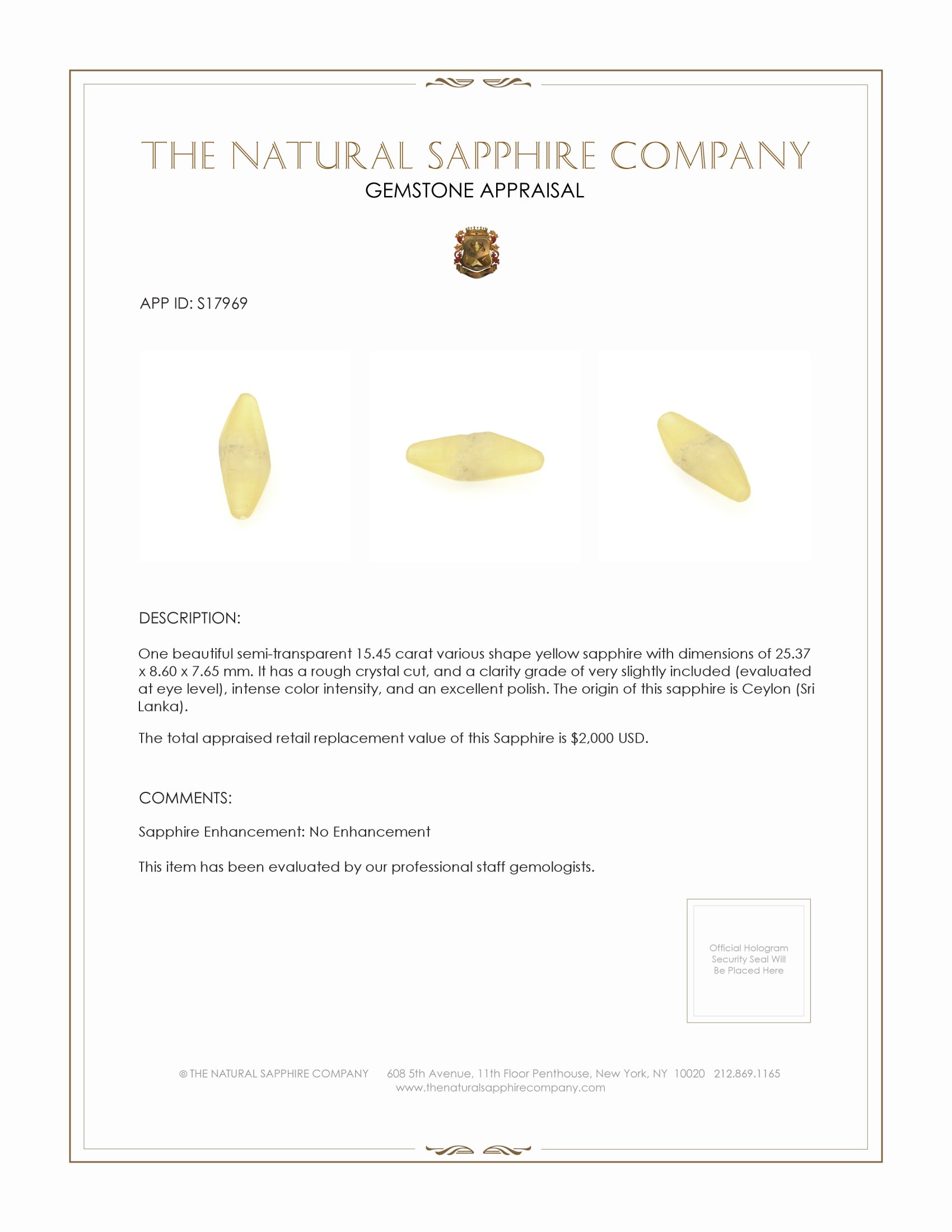 15.45 Ct. Yellow Sapphire Crystal from Ceylon (Sri Lanka)