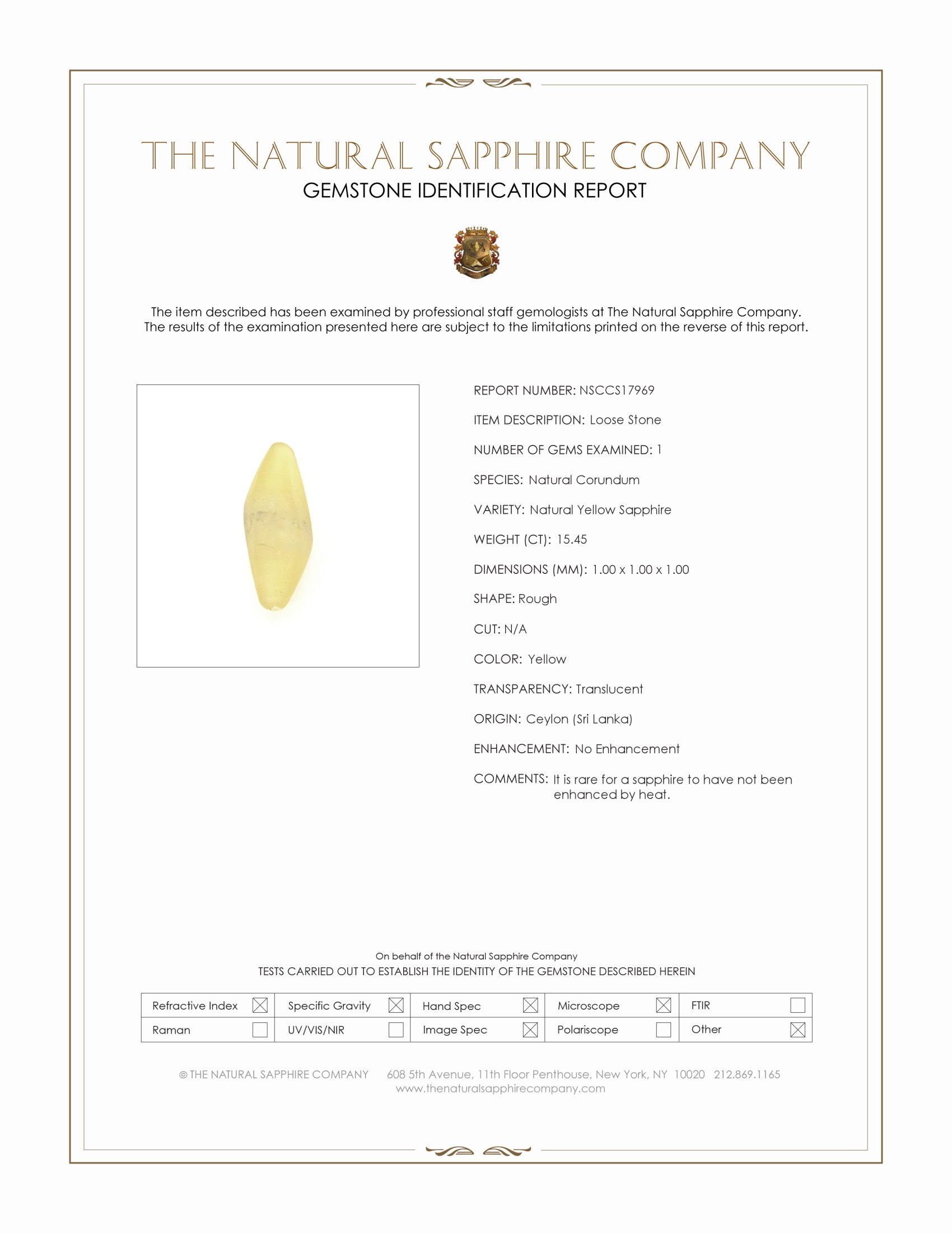 15.45 Ct. Yellow Rough Sapphire from Ceylon (Sri Lanka)