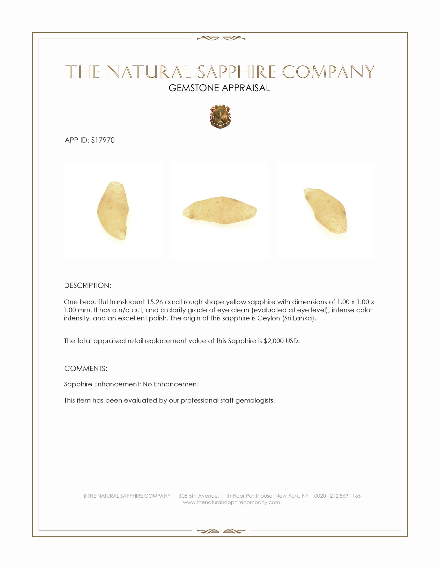 15.26 Ct. Yellow Rough Sapphire from Ceylon (Sri Lanka)