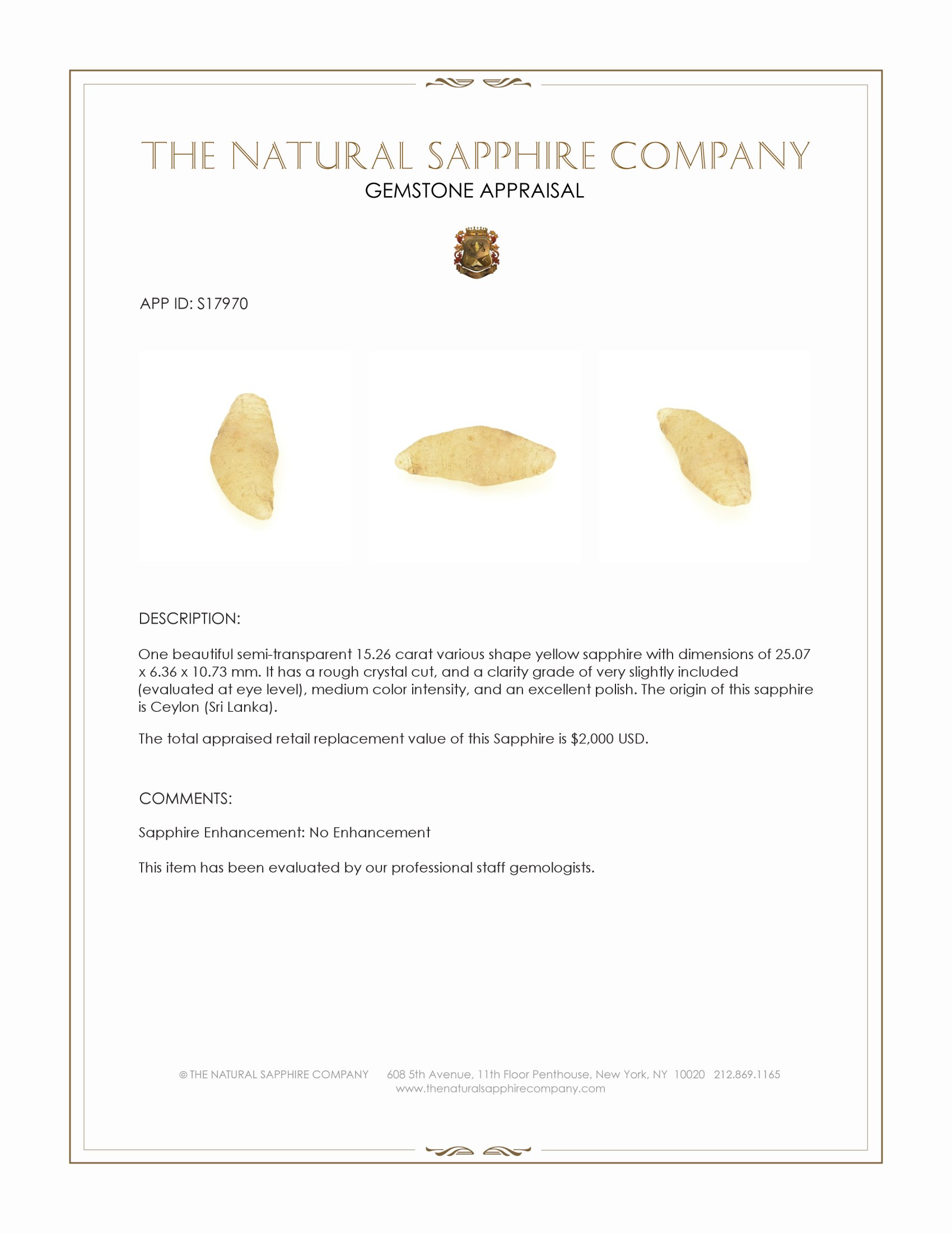 15.26 Ct. Yellow Sapphire Crystal from Ceylon (Sri Lanka)