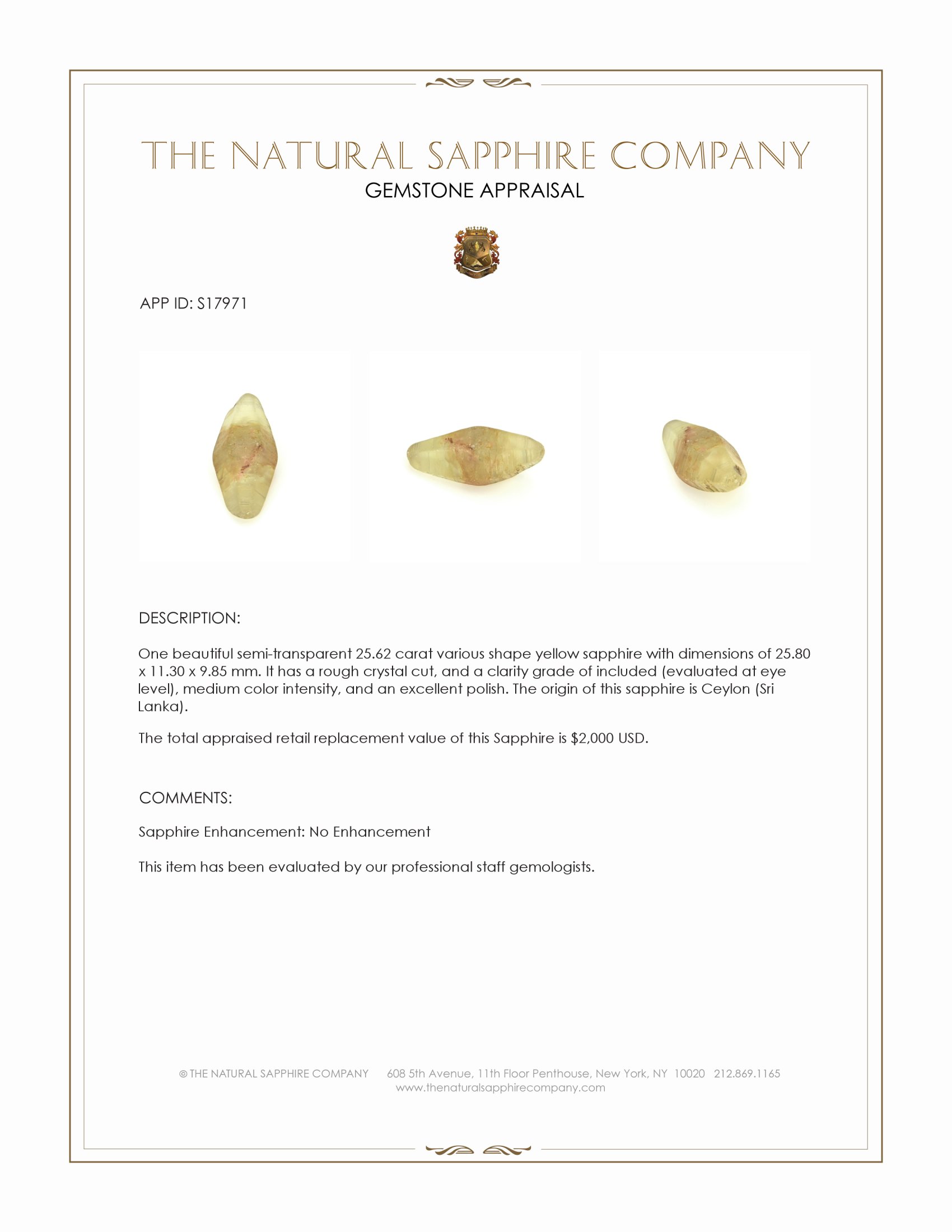 25.62 Ct. Yellow Sapphire Crystal from Ceylon (Sri Lanka)