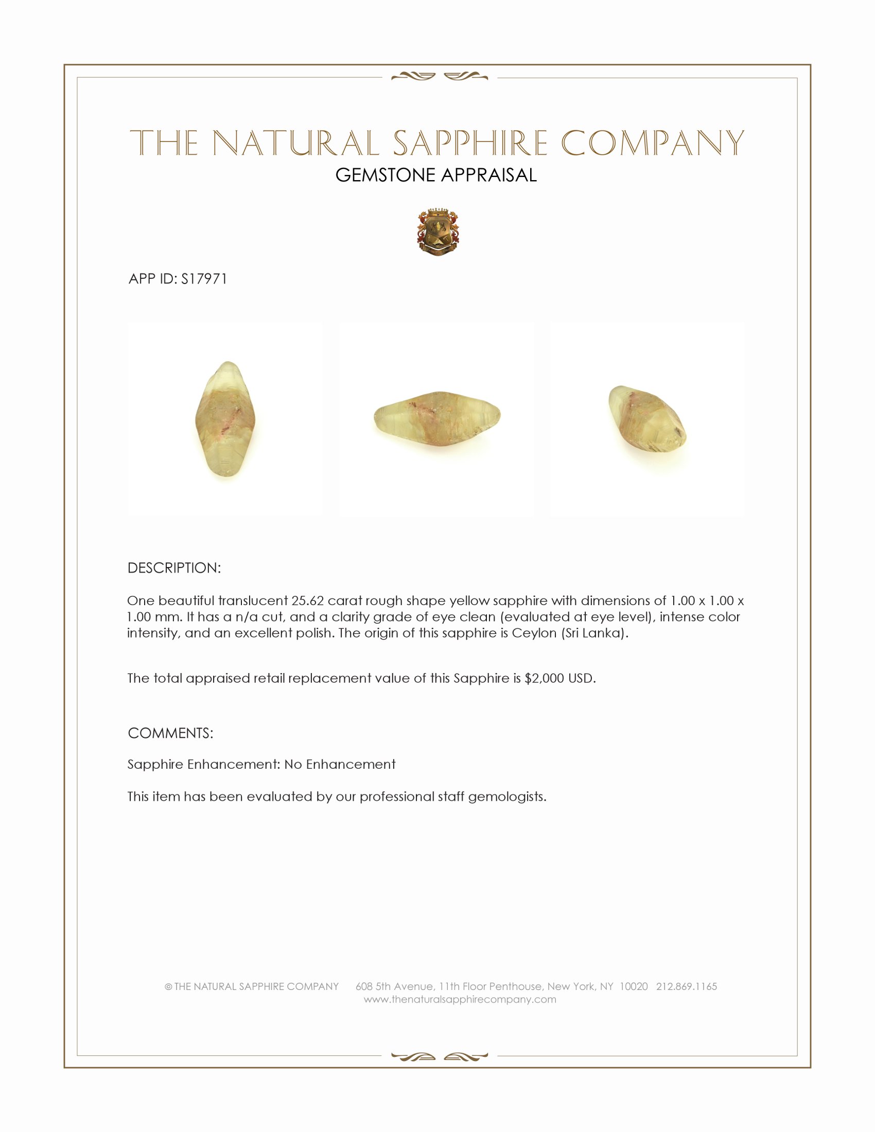 25.62 Ct. Yellow Rough Sapphire from Ceylon (Sri Lanka)