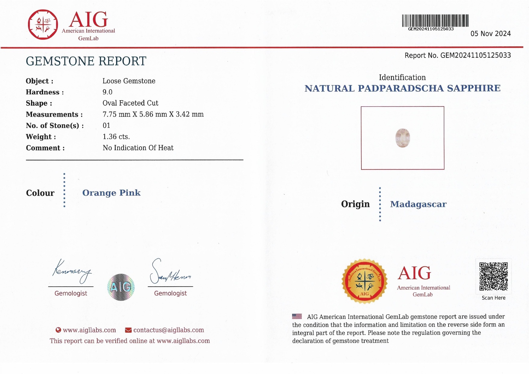 1.36 Ct. Pink Sapphire from Madagascar