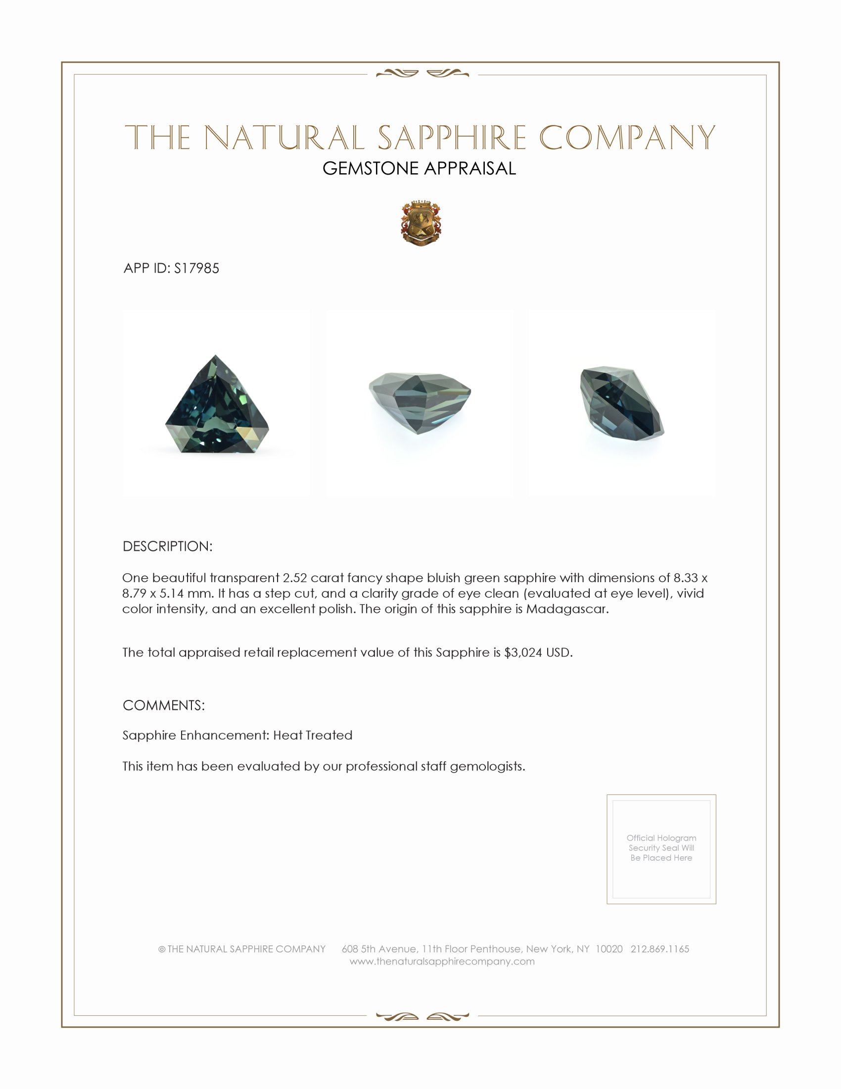2.52 Ct. Bluish Green Sapphire from Madagascar
