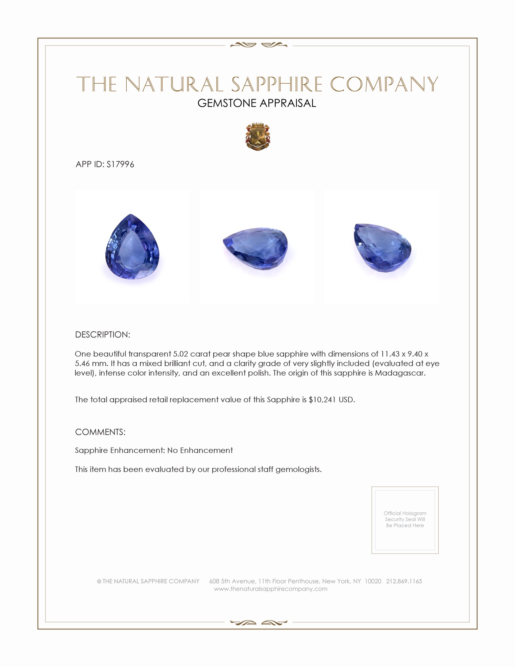5.02 Ct. Blue Sapphire from Madagascar